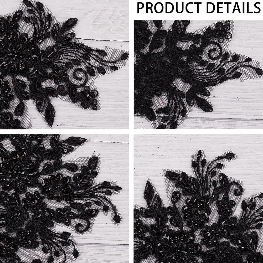 GORGECRAFT 4Pcs Pearl Black Beaded Flower Embroidery Lace Patches Sequin Sew on Applique Boho Floral Patch Decorative Fabric Embellishments Trimmings for Garment Wedding Dress Curtain Jeans Craft