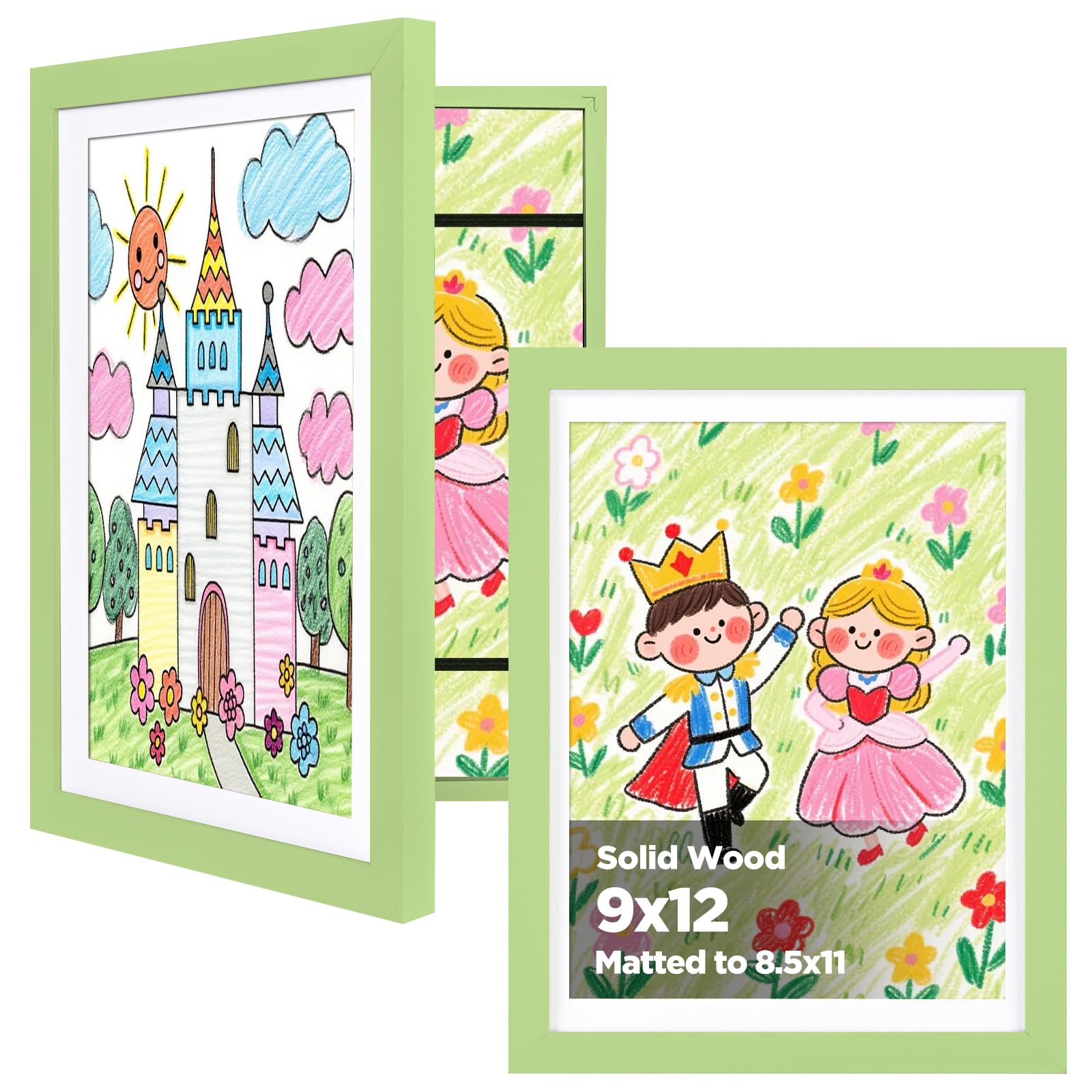 KINLINK 9x12 Kids Art Frame 2 Pack, Solid Wood Artwork Frames Changeable, Front Opening Hold 150 Pictures, Art Frames for Kids Artwork, 8.5x11 with Mat 9x12 without Mat, Picture Frames Light Green