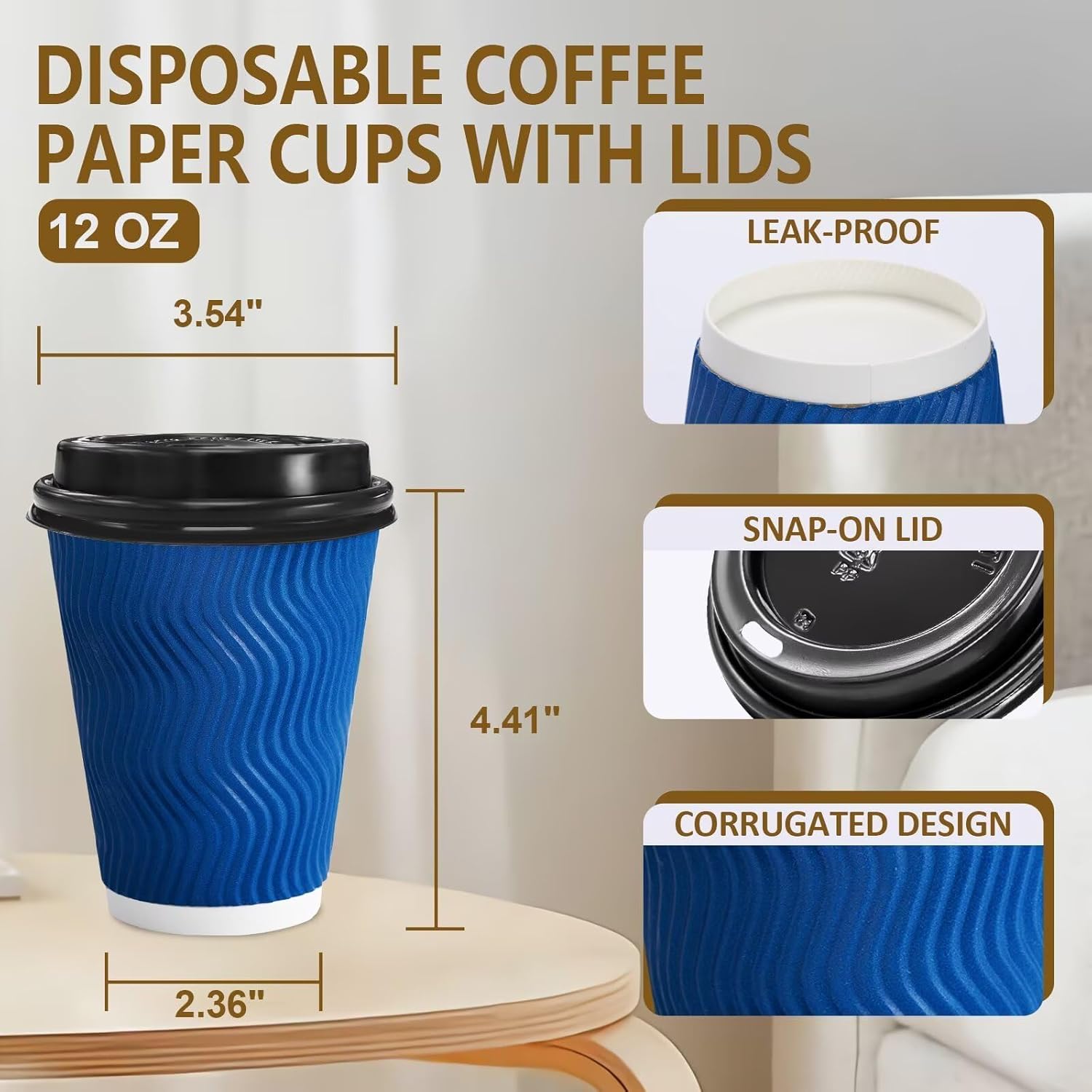 100 Pack Coffee Cups with Lids 12oz, Disposable Insulated Ripple Wall To Go Paper Coffee Cups for Hot/Cold Drinks Office Home Shop Event (Navy) - Image 3
