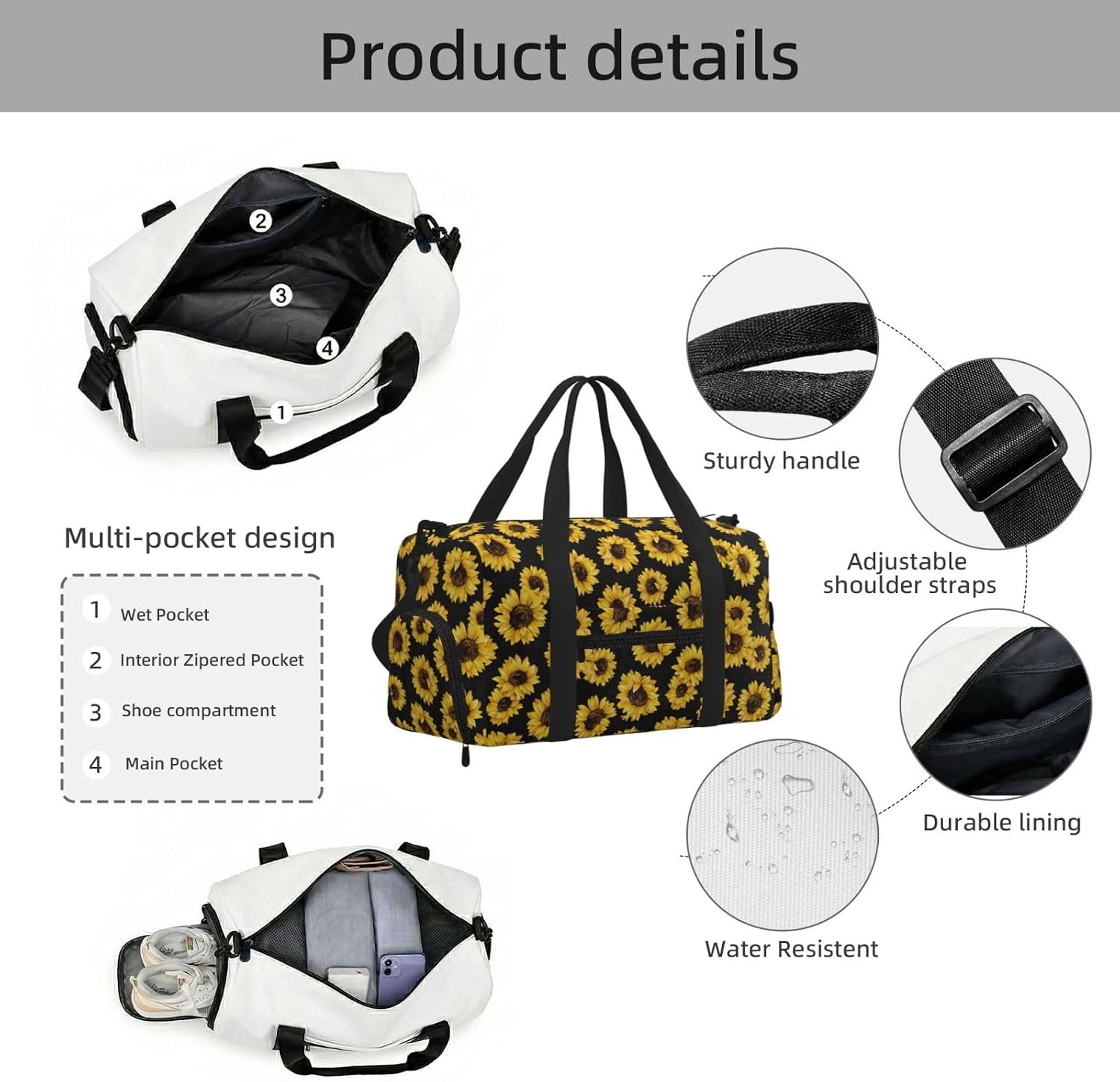 Golden Sunflowers Print Handheld Sports Luggage Unisex Crossbody Bag Travel Weekend Fitness Workout image 5