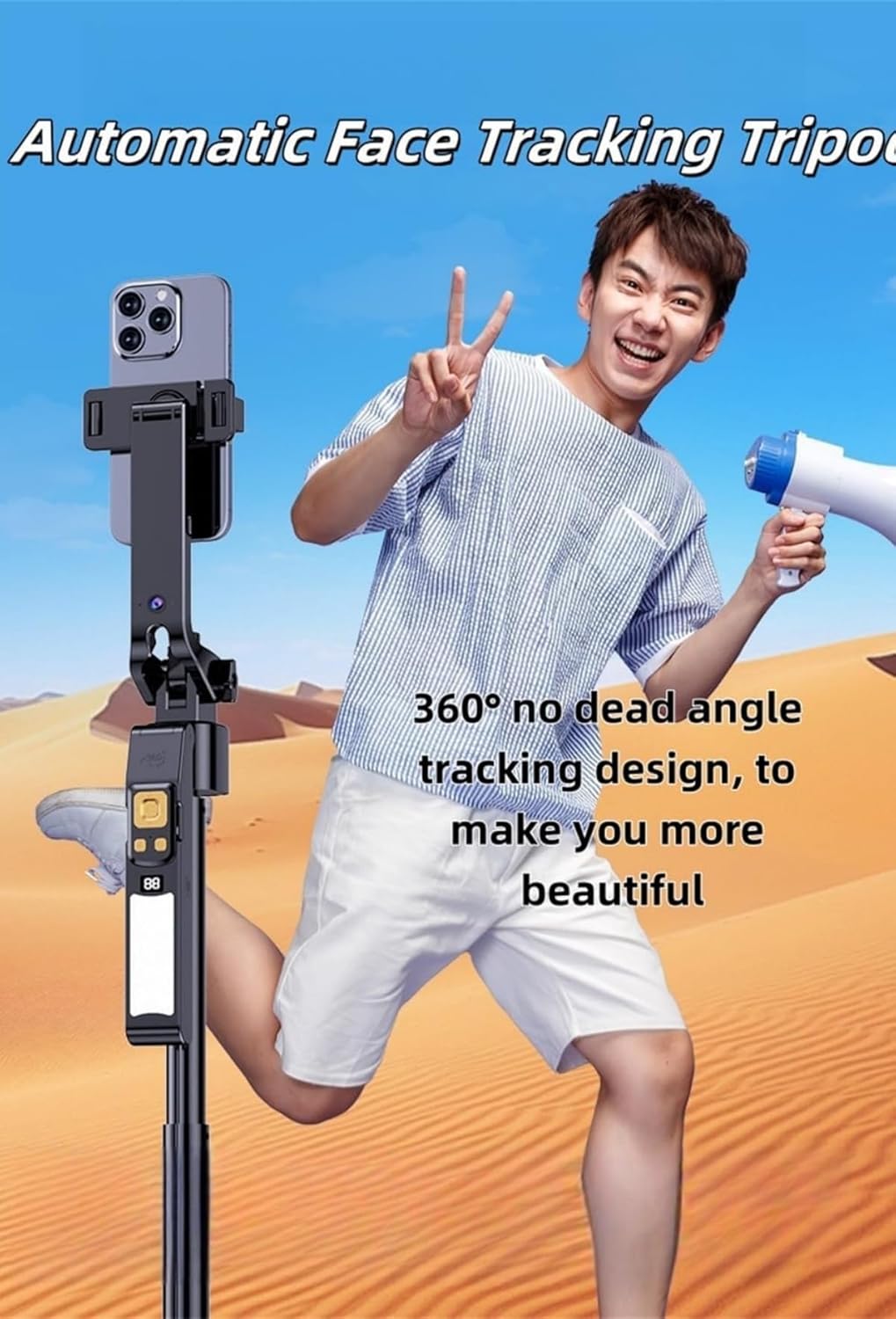 自動顔追跡三脚、360&deg;回転電話ホルダー、アプリ不要、スマート撮影カメラマウント、Vlogビデオ録画用トラッキングカメラ内蔵自撮り棒