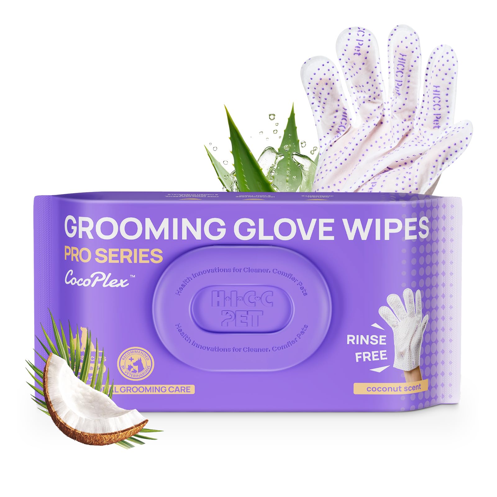 HICC PET Dog Cleaning Glove Wipes, Pro Series, Hypoallergenic Pet Glove Wipes, Extra Thick Dual-Textured for Paws, Face, Ears & Butt, Cat Brushes for Long Short Hair, Coconut Scent
