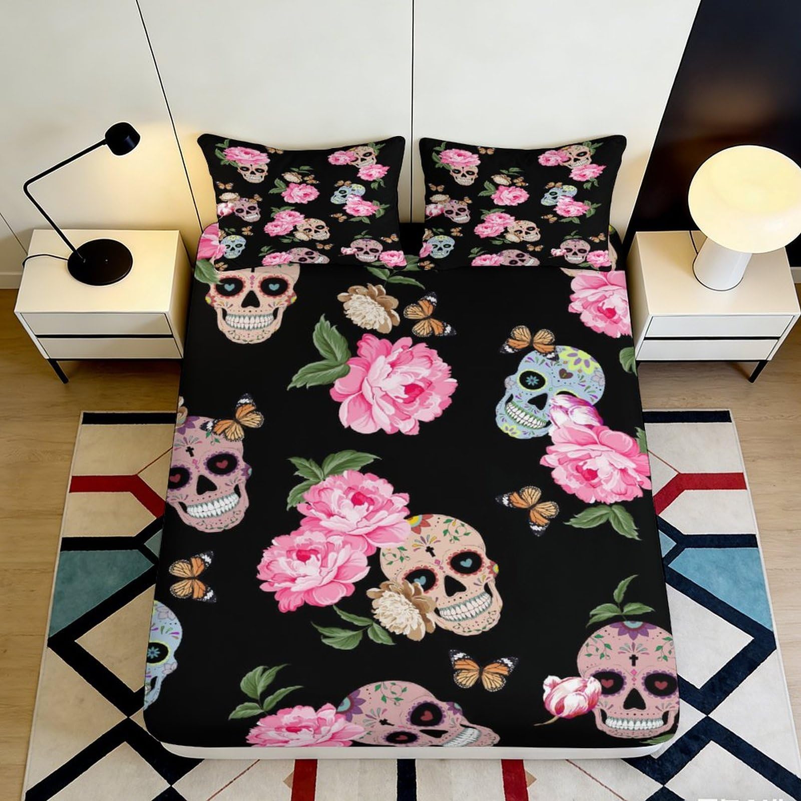 Pnayamiorkfel Style-6 3D Printed Floral Skull Fitted Sheet Microfiber Soft Gothic Butterfly Bed Cover For Bedroom Guest Room Dorm Mattress Protection Decor 90X200x25cm