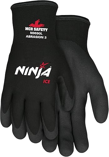 Paquete de 3 guantes Memphis Modelo N9690L Ninja Ice calibre 15, HPT palma y yemas de los dedos, grande, color negro, material de nailon para clima