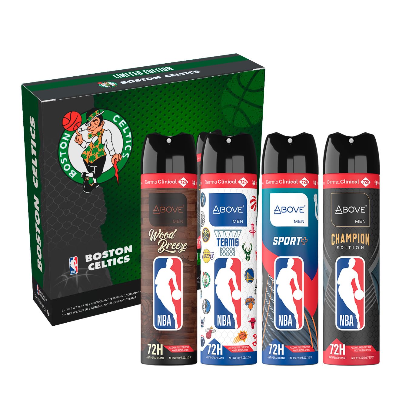 Above NBA Antiperspirant Deodorant Spray for Men | BOSTON CELTICS Team Pack | 4 Scents | 72h | Dry Spray | No Stains | 5.07 oz – Pack of 4 - Image 2