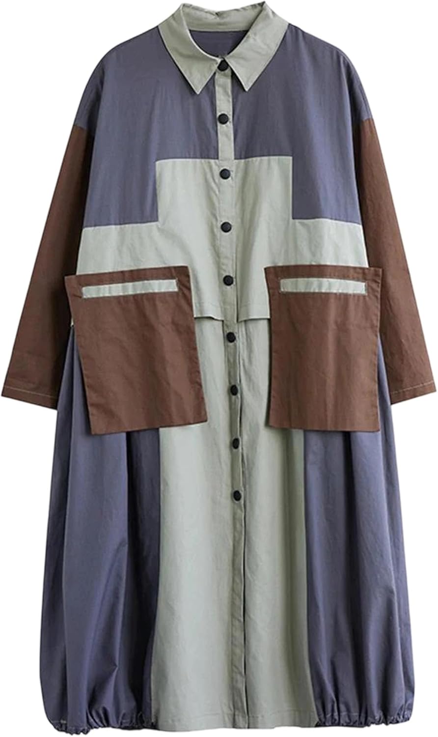 Women's Long Trench Coat Patchwork Contrast Color Vintage Loose Fit Fall Winter Outerwear