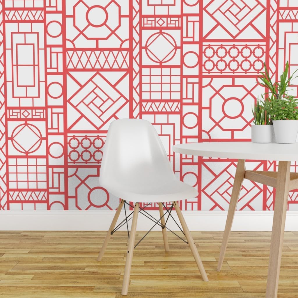 Removable Wallpaper 6ft x 2ft - Trellis Coral Geometric Bamboo Lattice Chinoiserie Palm Beach Custom Pre-Pasted Wallpaper by Spoonflower