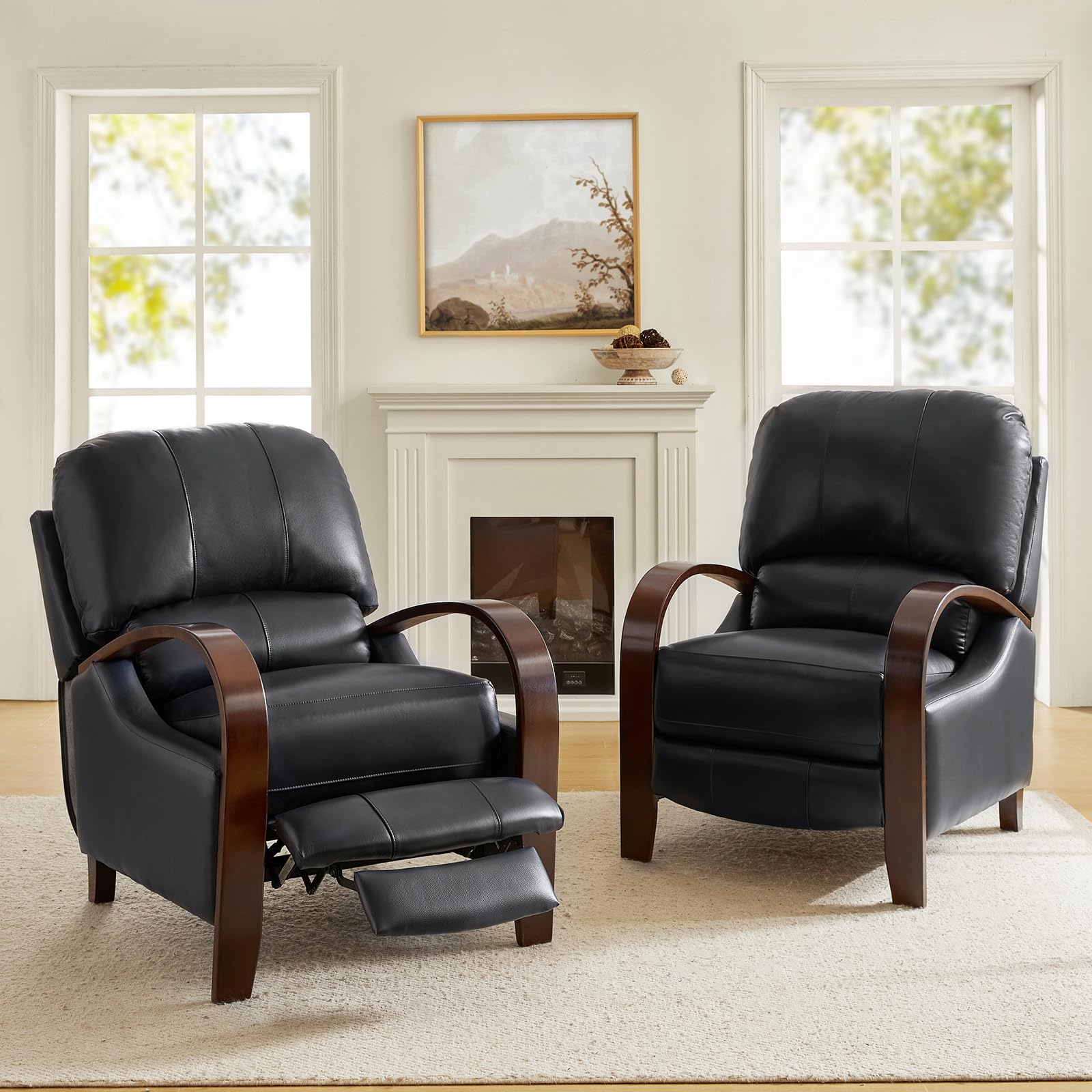 HULALA HOME Genuine Leather Manual Recliners Set of 2 with Wood Armrest ...