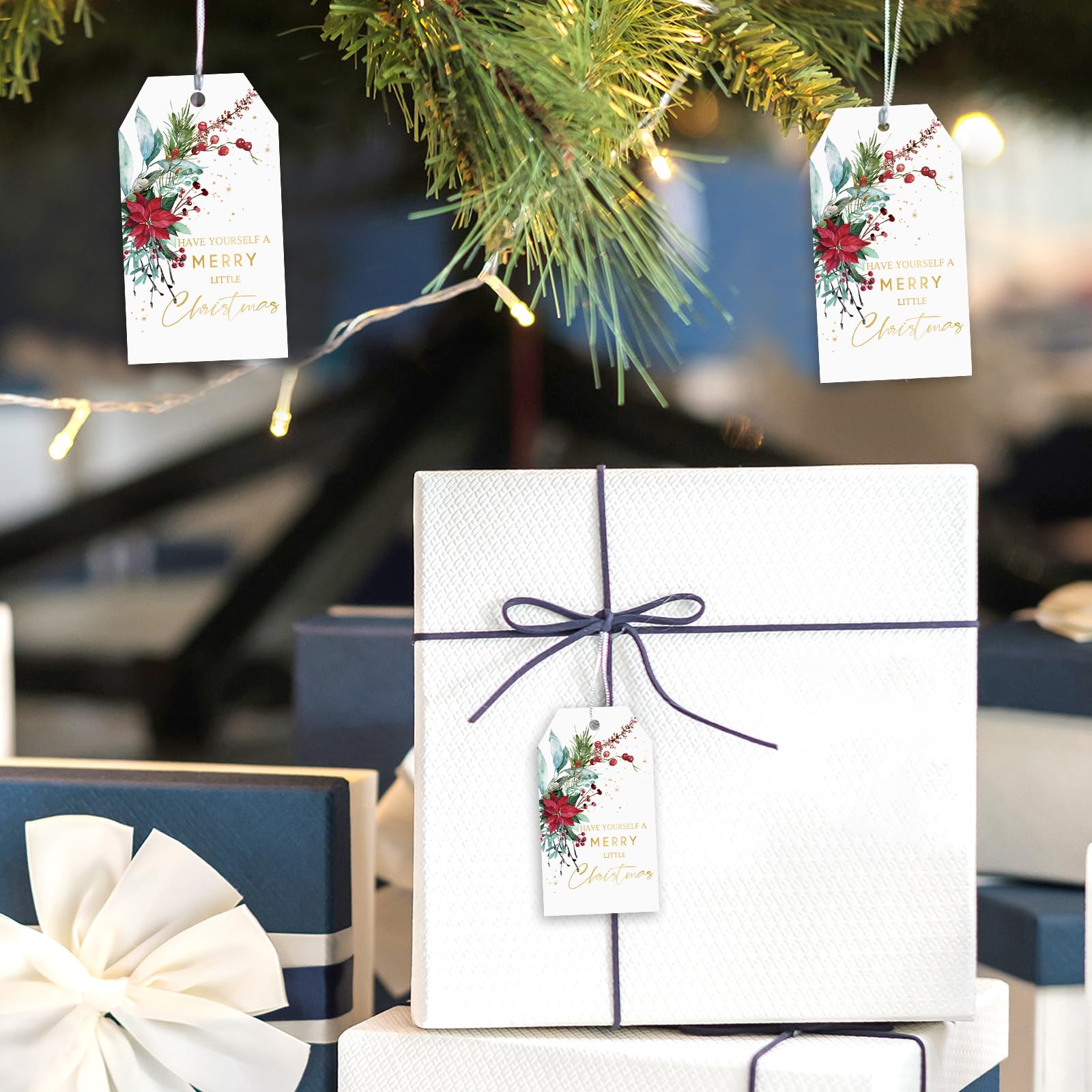 Whaline 100 Stück Weihnachtspapier-Geschenkanhänger mit Hanfseil, Weihnachtsstern, Papieranhänger, Goldfolie, Frohe Weihnachten, hängende Etiketten, vorgestanzt mit Löchern für Weihnachten, Winter,
