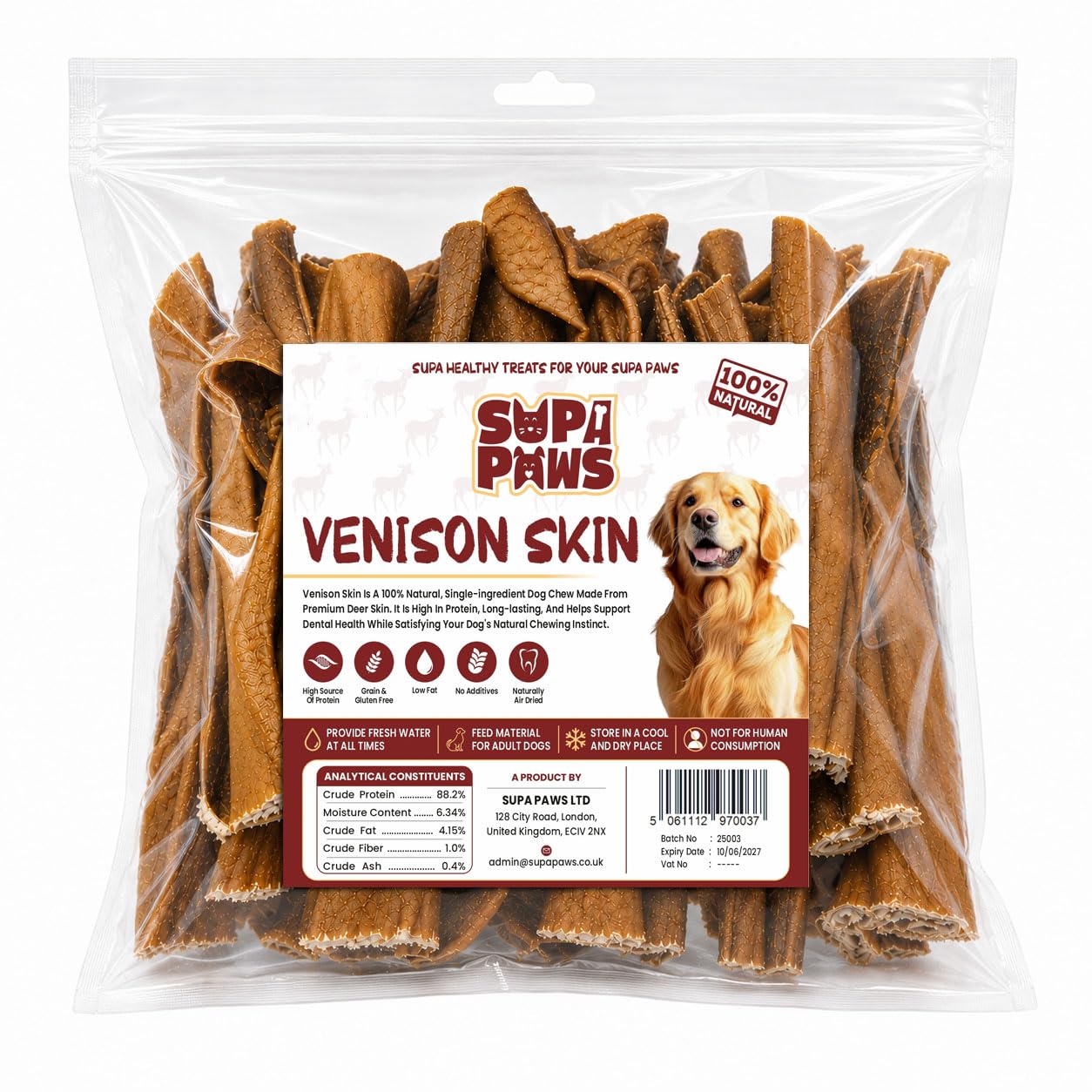 Premium Dried Venison Skin Dog Chews 500g 100% Natural Dog Treat, Long Lasting, Low Calorie, Teeth Cleaning, Grain Free Dental Dog Treat, Training Treats for Dogs