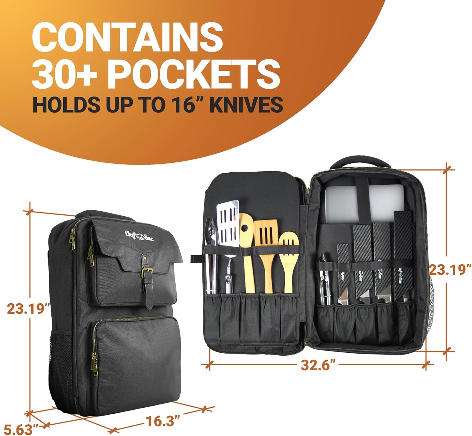 Chef Knife Backpack TRAVELLER - Patented Knife Retention Panels with Hook-and-Loop, Water Resistant 900D Polyester Canvas, YKK Zippers, Work Bag for Chefs & Culinary Students (Black)