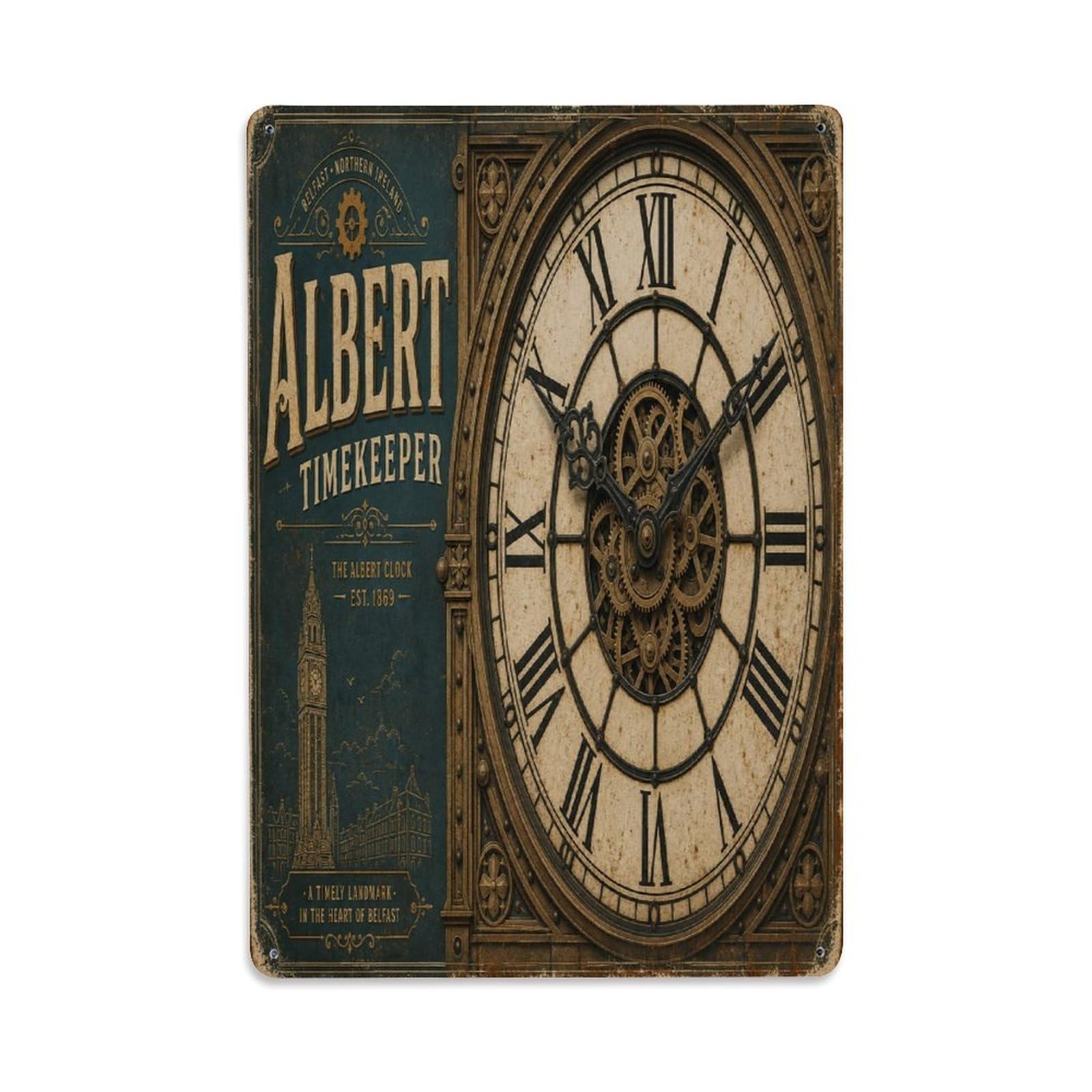 Belfast Northern Ireland Albert Clock Architecture Metal Tin Sign Plaque Wall Decor for Cafe, Man Cave, Club Bar, Office, Home Garden Round Metal Poster 8x12Inch