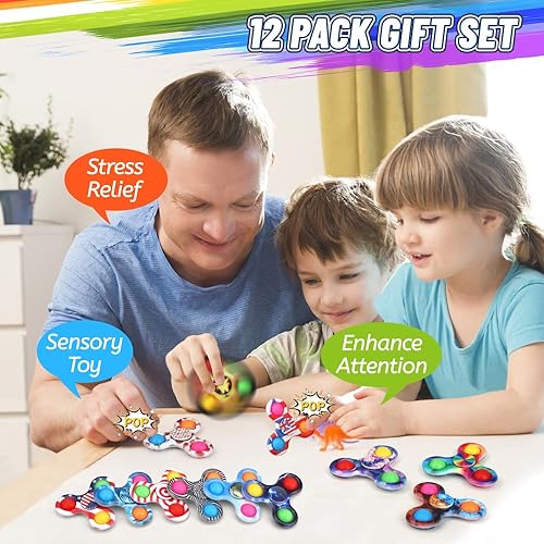 Miniatura 7 de Paquete de 12 juguetes Fidget Spinner Push Pop Party para niños y niñas pequeños, juguete sensorial de burbujas para rellenar bolsas de mano,