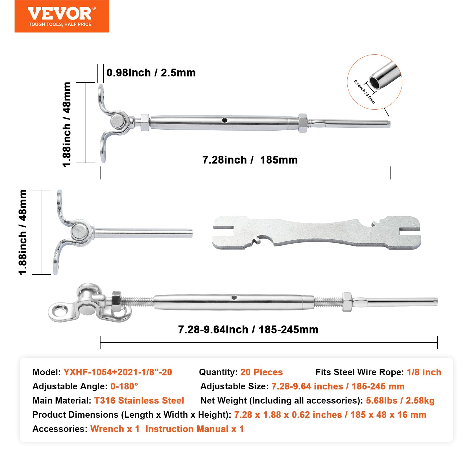 VEVOR Kit ringhiera per Cavi/Hardware per palo in Legno con Angolo Regolabile Acciaio Inossidabile T316, Grado Marino per Fune Metallica da 1/8", Angolo da 0 a 180 Gradi Argento (Confezione da 20)