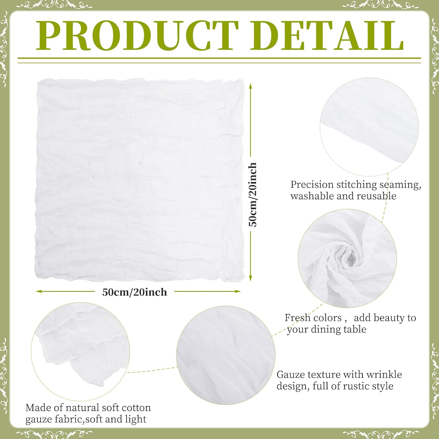 ガーゼチーズクロスナプキン 96枚セット 20 x 20インチ ホワイト しわ 素朴 ボーホー ディナーナプキン 結婚式、ディナー、