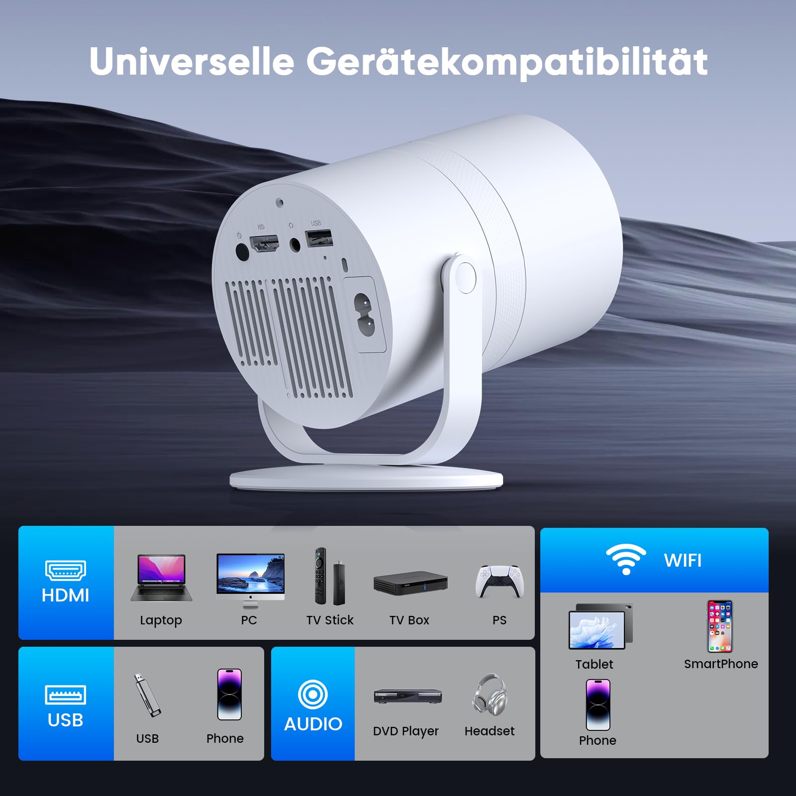 【Android 14 & integrierte Apps】 Tecaki Mini-Projektor mit WiFi 6 und Bluetooth 5.2, tragbarer Projektor 1080P, um 180° drehbar, mit automatischer Trapezkorrektur für das Schlafzimmer zu Hause