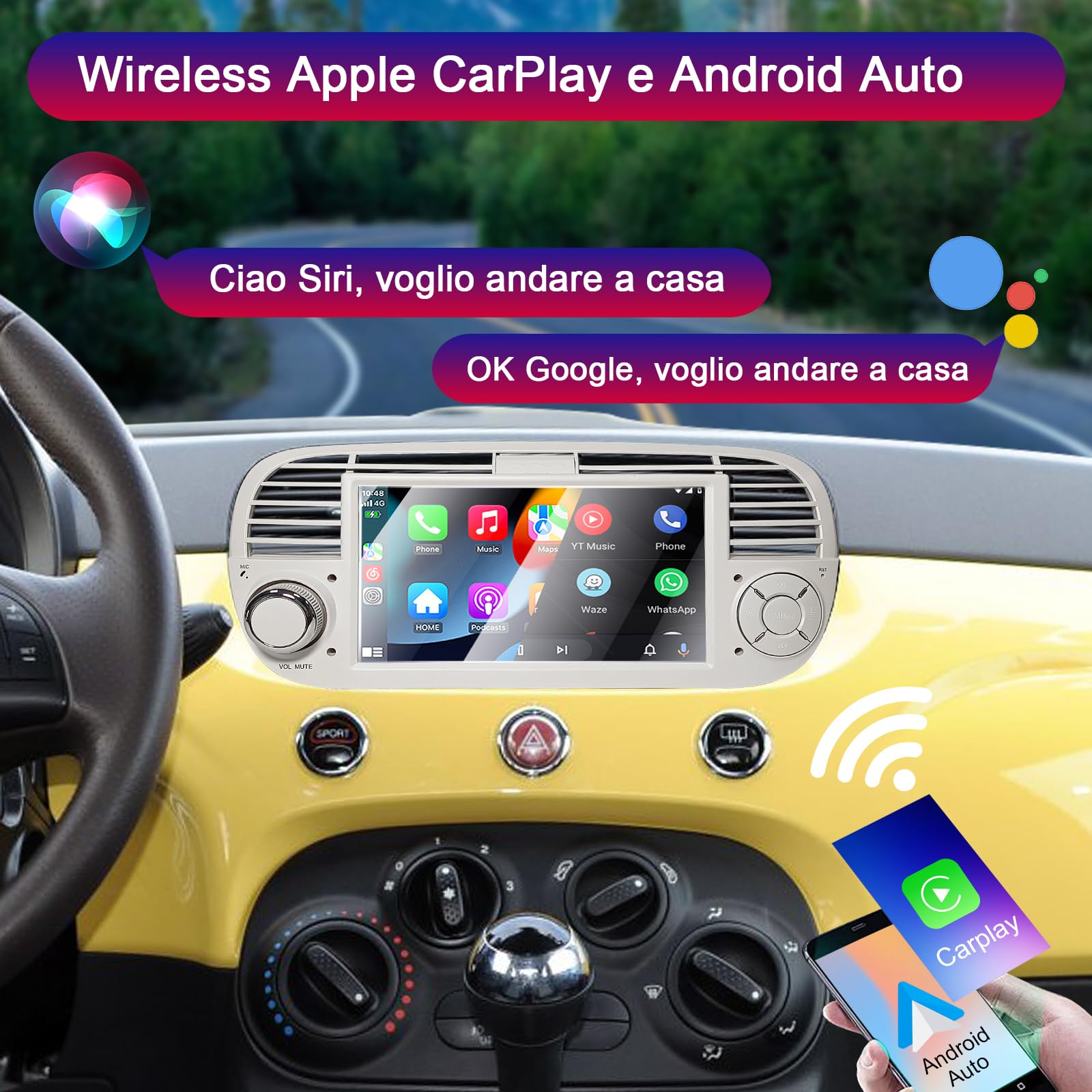 Liulbobu Autoradio per Fiat 500 2007-2015 compatibile con Carplay/Android Auto, Autoradio Fiat 500 da 7 pollici con touchscreen/Bluetooth/FM/AM/USB/DPS/RDS/Mirror Link-Bianco