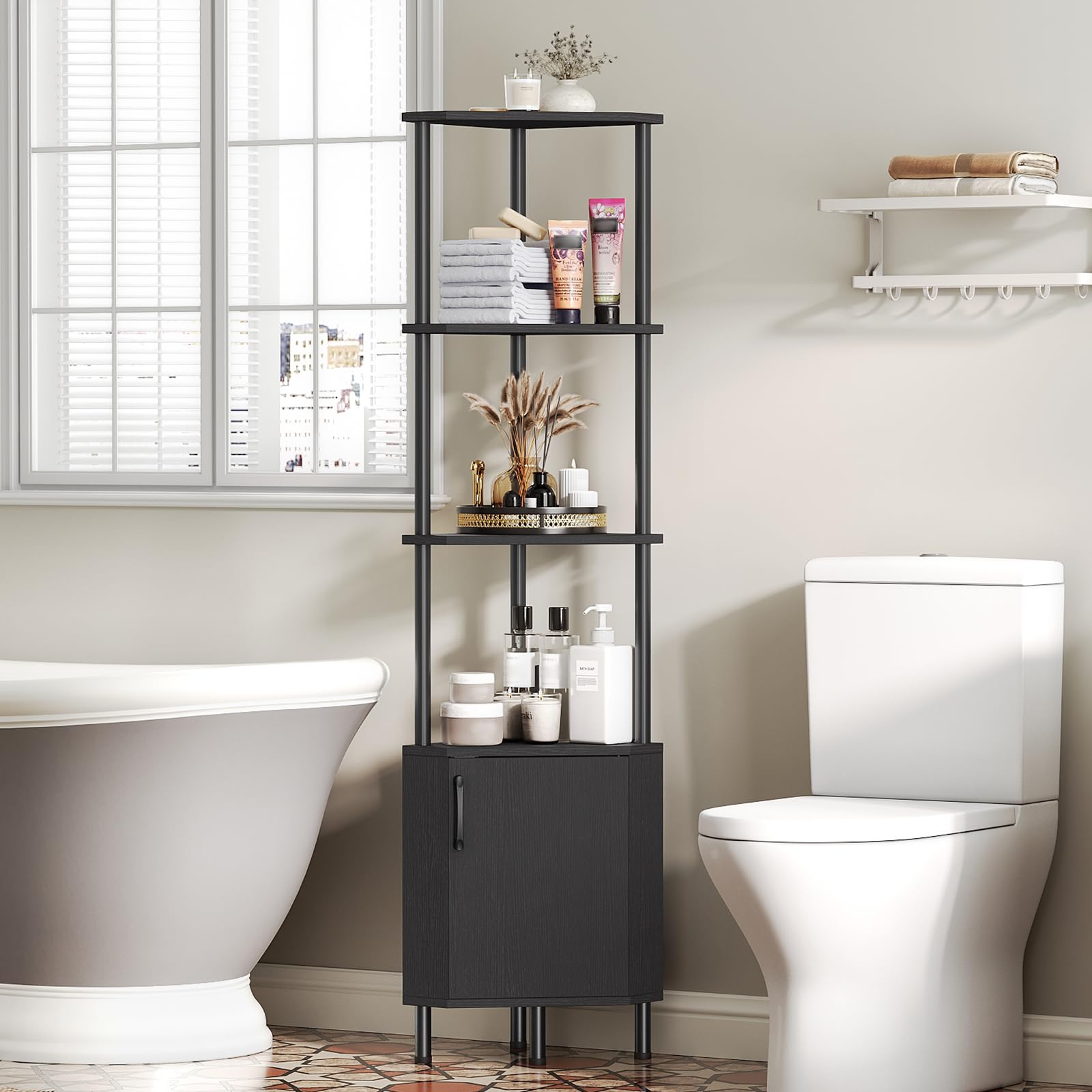 HOOBRO Estantería Esquinera, Librería con Luz LED y Armario, Estantería de Exhibición de Estilo Industrial, Mueble para Baño, Sala de Estar, Estudio, Dormitorio, Cocina, Negro EBB147DCJ01