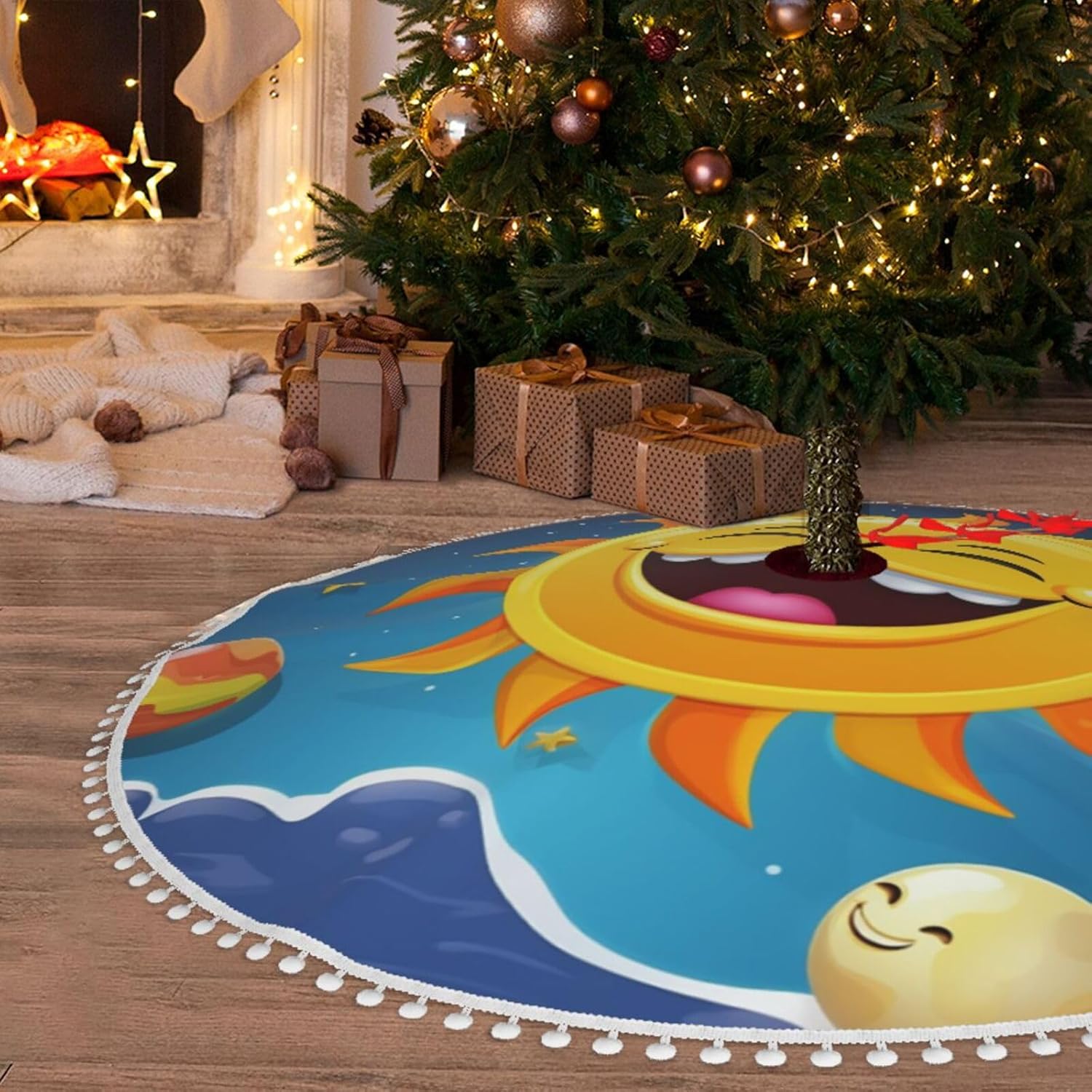 91,4 cm Weihnachtsbaum Rock mit Pom Poms Cartoon Sonne Weihnachtsbaum