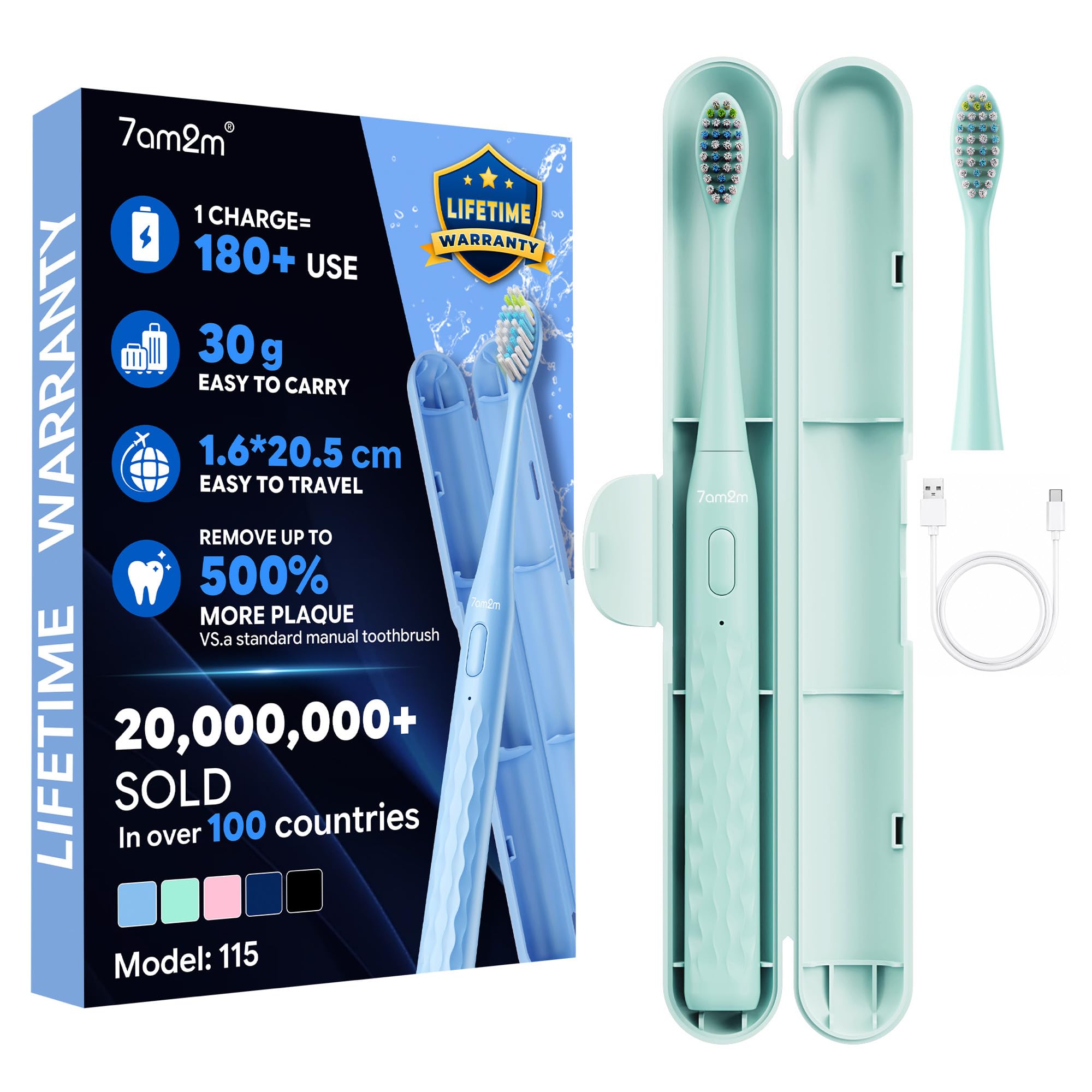 7AM2M Sonic Travel Electric Toothbrush for Adults&amp;Kids, Travel Case&amp;2 Brush Heads, 1 Charge for 90 Days, Type-C Rechargeable Sonic Toothbrush, Compact Design for Daily/Travel Use-Green