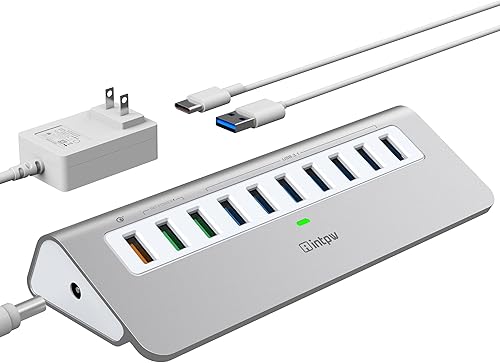 Hub USB alimentado de 10 Gbps, concentrador USB 3.1 Gen 2 de 10 puertos con 7 puertos de datos USB 3.1, 3 puertos de carga rápida, adaptador de