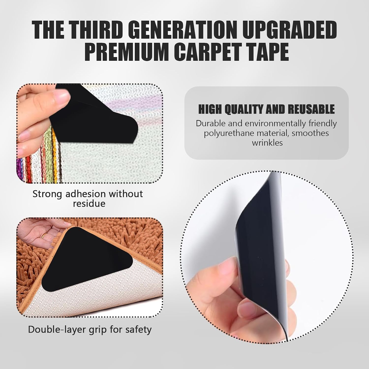 24 PCS Rug Pads Grippers, Non-Slip Rug Tape, Reusable and Washable Carpet Tape, Rug Corner Grippers for Hardwood Floors & Tiles (Black)