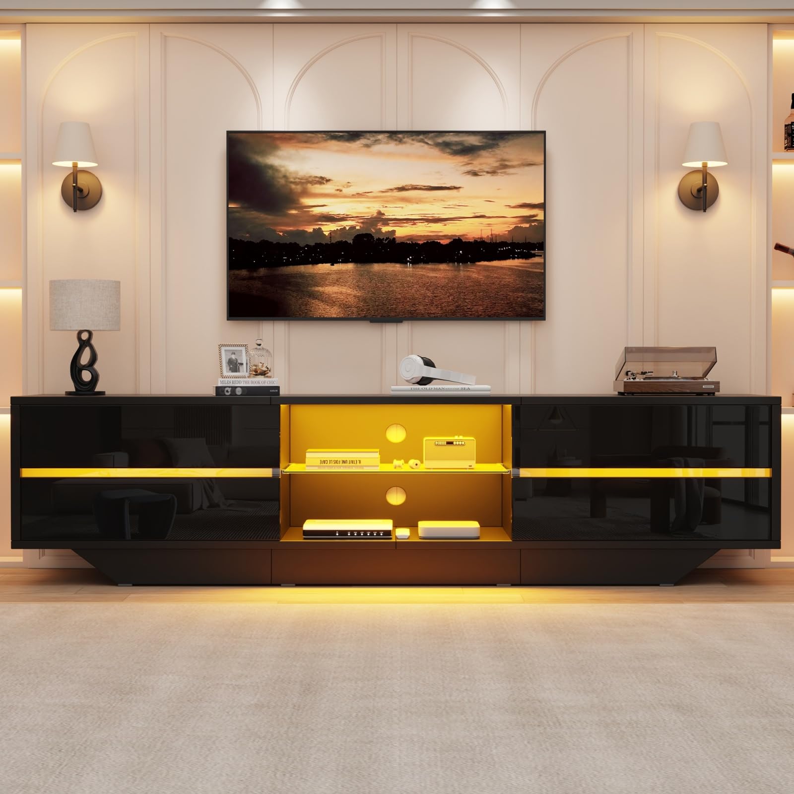 Sweiko Meuble TV au Sol 160 × 35 × 44,5 cm avec 2 Portes,Finition Brillante et éclairage LED,adapté à Un téléviseur de 65 Pouces