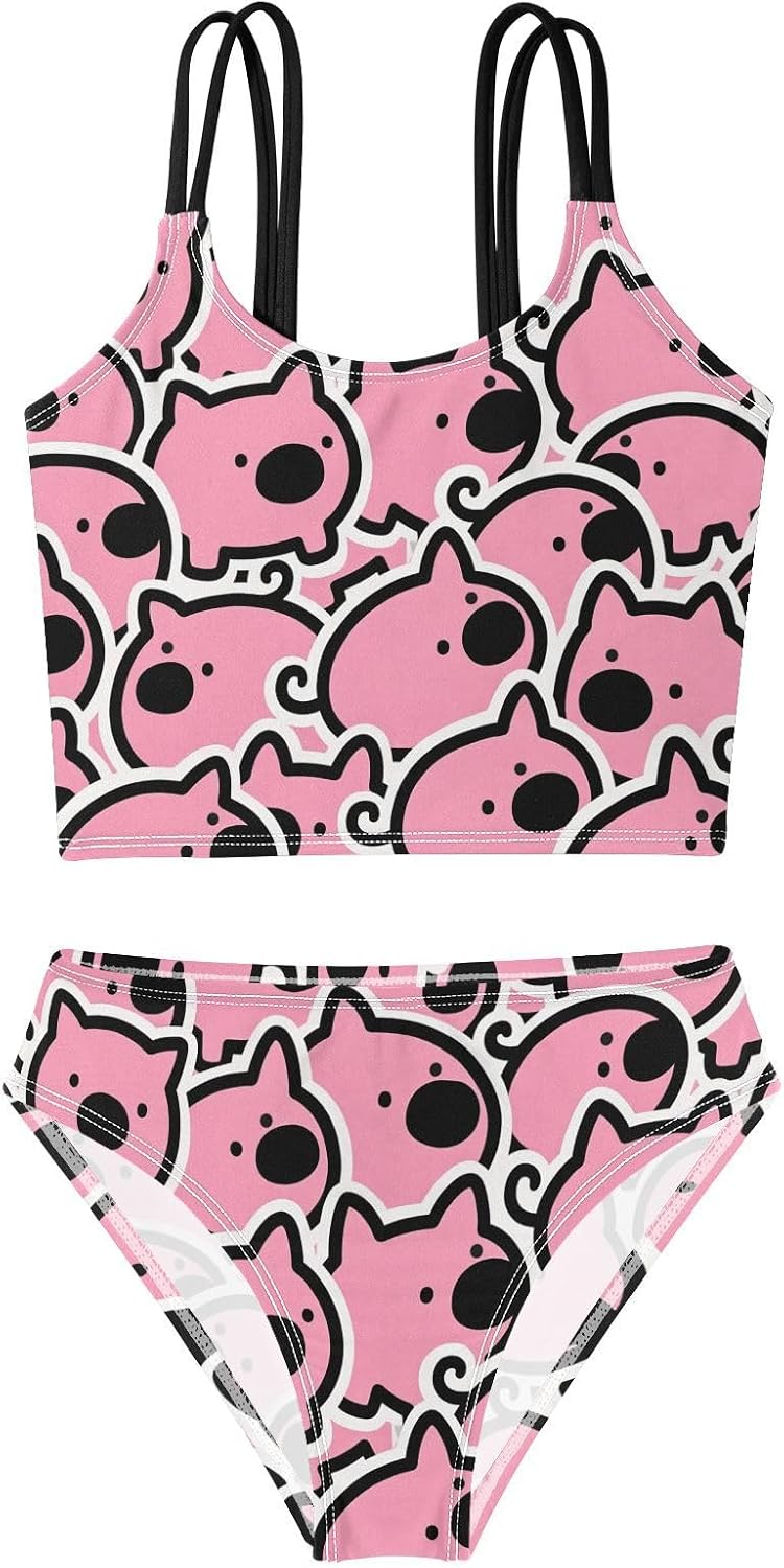 visesunny Girls Two Piece Swimsuits Pink Seamless Pig Girl's Bikini Sets Bathing Suits for Girls Size 5-12Y