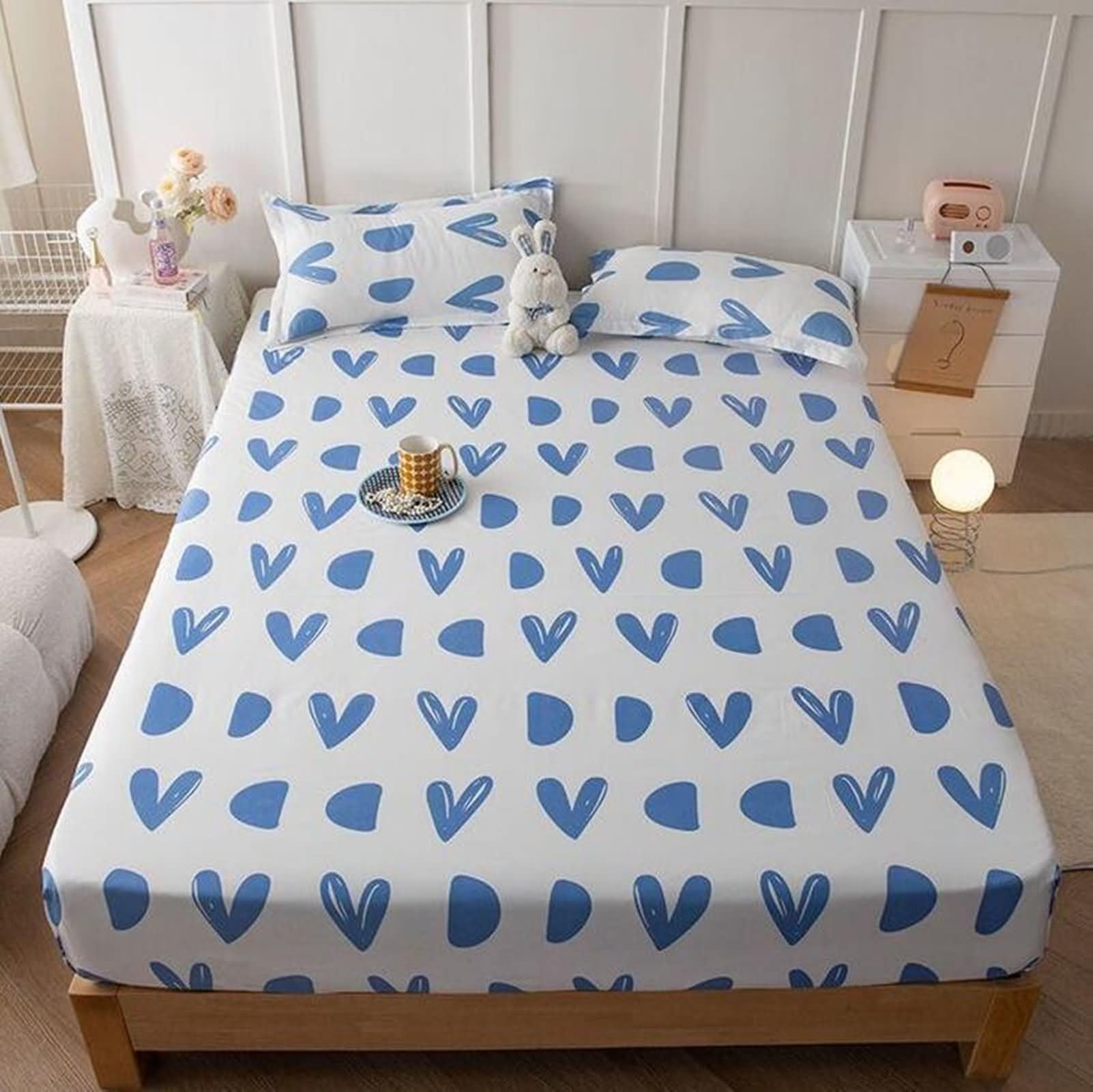 Spannbettlaken 120x200cm, Polyester Herz-Muster Spannbetttücher Bettlaken mit 1 Kopfkissenbezug Weich und Knitterfrei, Blau Weiß, Stil 8