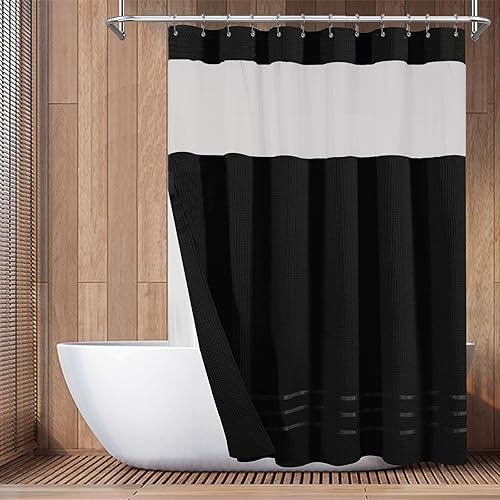 Yimobra Juego de cortinas de ducha de tejido gofre con forro de tela a presión, tela pesada con 12 ganchos, impermeable y lavable, ventana superior