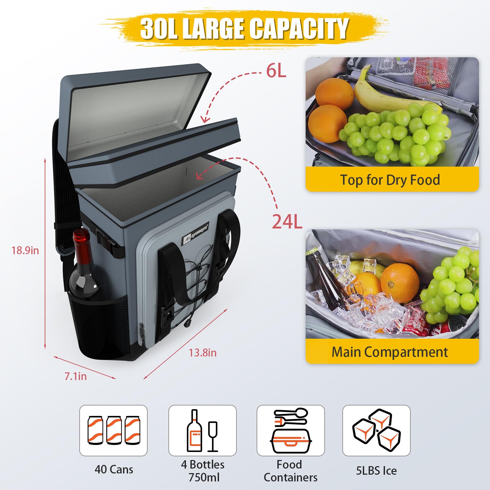 Kühlrucksack 30L Kühltasche Rucksack Groß Faltbar, 40 Dosen Kühl Thermo Rucksack Gross Isolierte Kühltasche mit Kühlfach Kühlrucksäcke Einkaufsrucksack für Strand/Picknick/Camping/BBQ/Ausflüge
