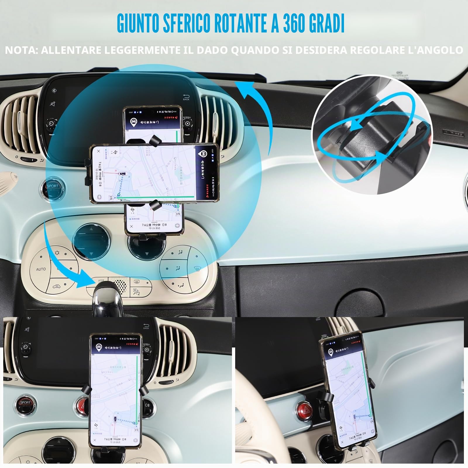 METYOUCAR Supporto per cellulare auto per Fiat 500 2007-2016-2024 Supporto fisso e rotante per cellulare auto Compatibile con iPhone Android e smartphone universali Supporto (stile B)