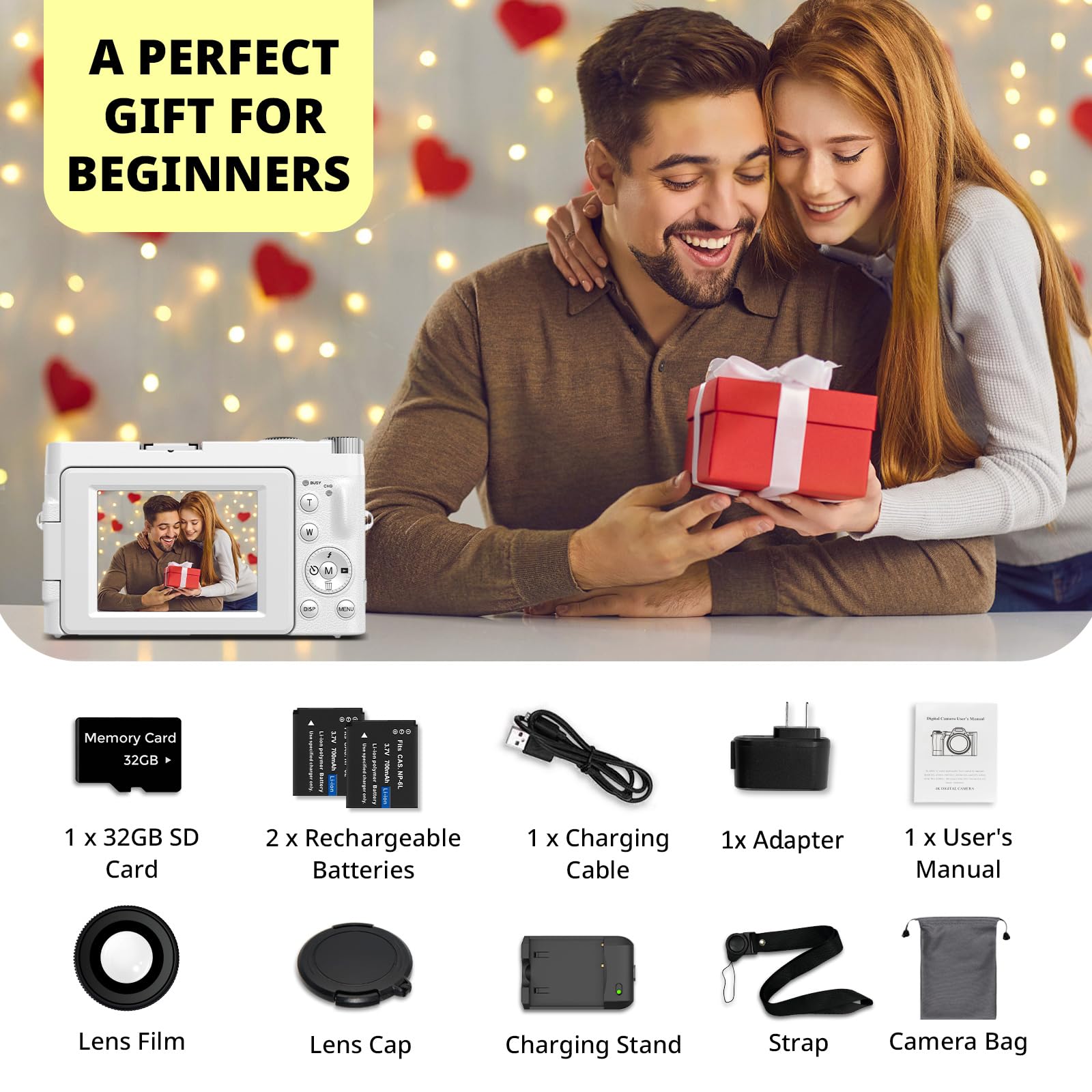 4K Digital Camera for Photography Autofocus, 2024 Latest 48MP Vlogging Camera for YouTube with SD Card, 2 Batteries, 3" 180°Flip Screen Compact Travel Camera for Teens with 16X Zoom, Anti-Shake,: Off White