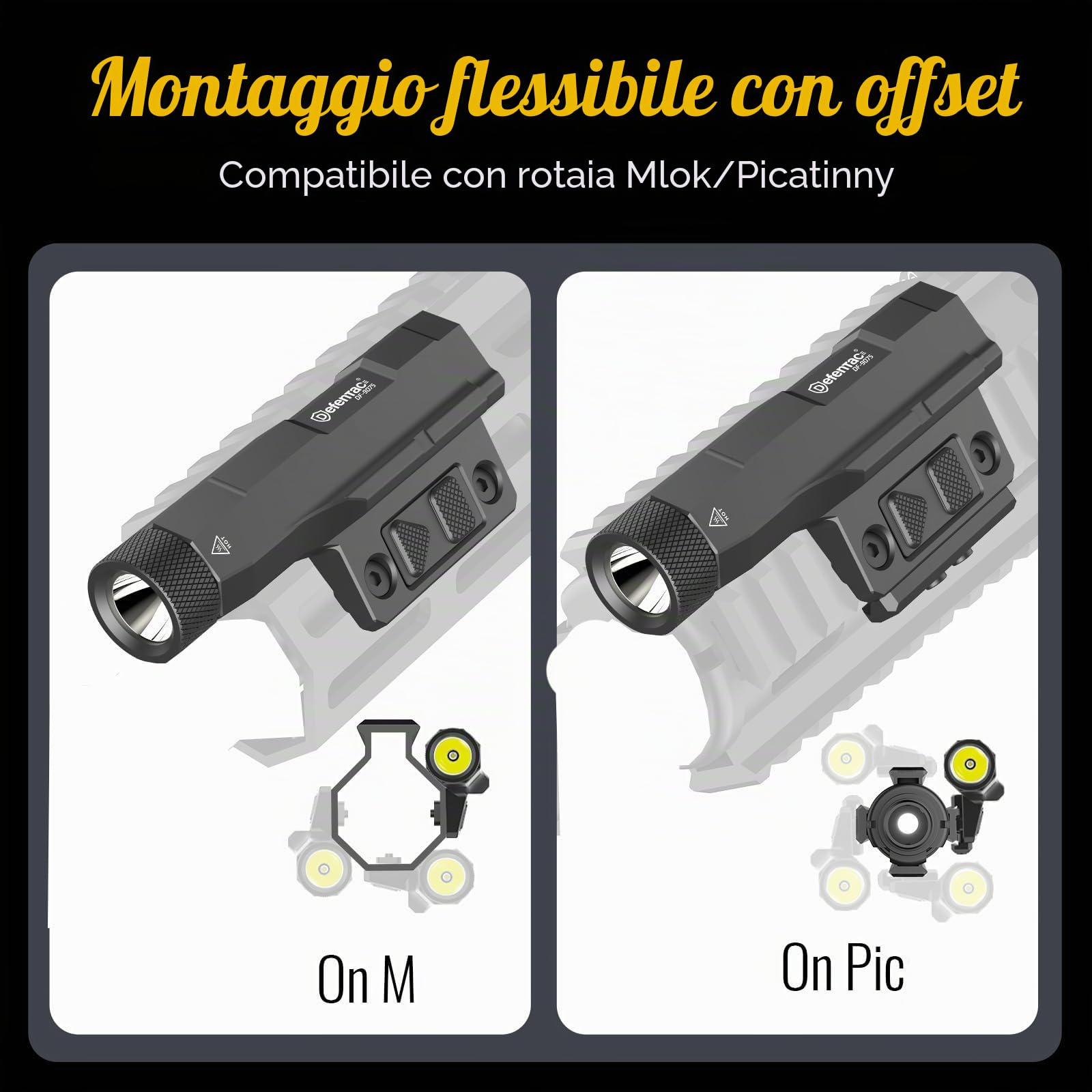DEFENTAC 2400lm Alluminio Picatinny/Mlok Torcia Elettrica con Interruttore Pad Pressione per Fucile, Luce Arma Ricaricabile con Indicatore di Livello Batteria e Strobo/Momentaneo