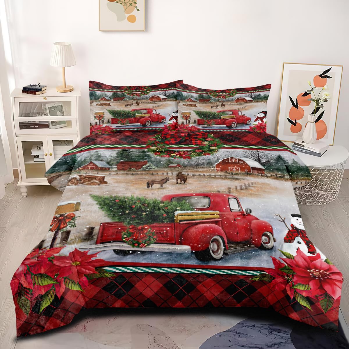 Nayoroom Christmas Comforter Set Queen Size Red Green Christmas Tree Truck Car Snowflake Buffalo Check Plaid Printed Comforter 3Pcs Reversible Xmas Theme New Year Holiday Bedding with 2 Pillow Shams