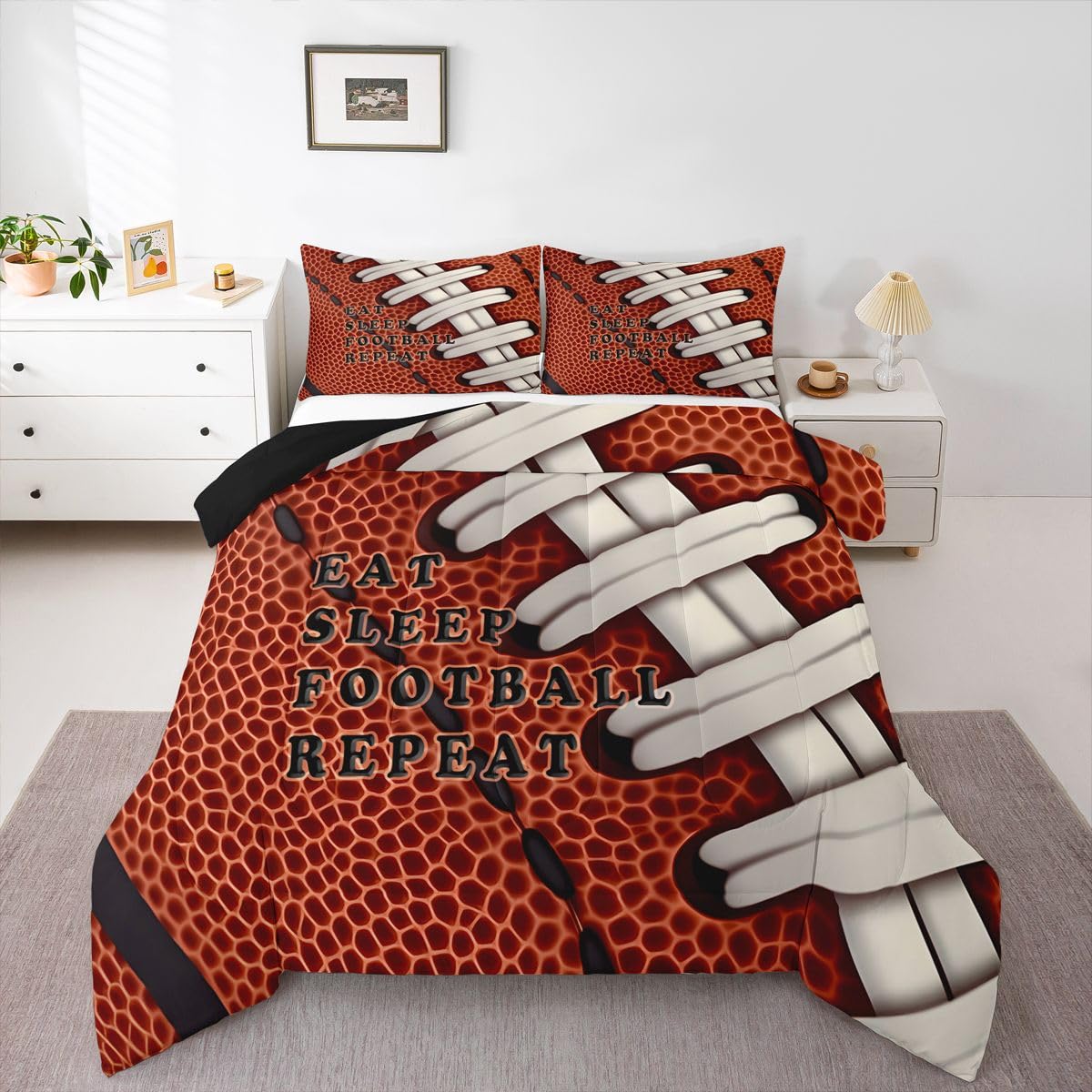 Feelyou Football Comforter Set Full Size Rugby Bedding Set for Kids Boys Girls Eat Sleep Sports Theme Duvet Quilt Bedroom Decor Microfiber 3 Pcs with 2 Pillow Cases