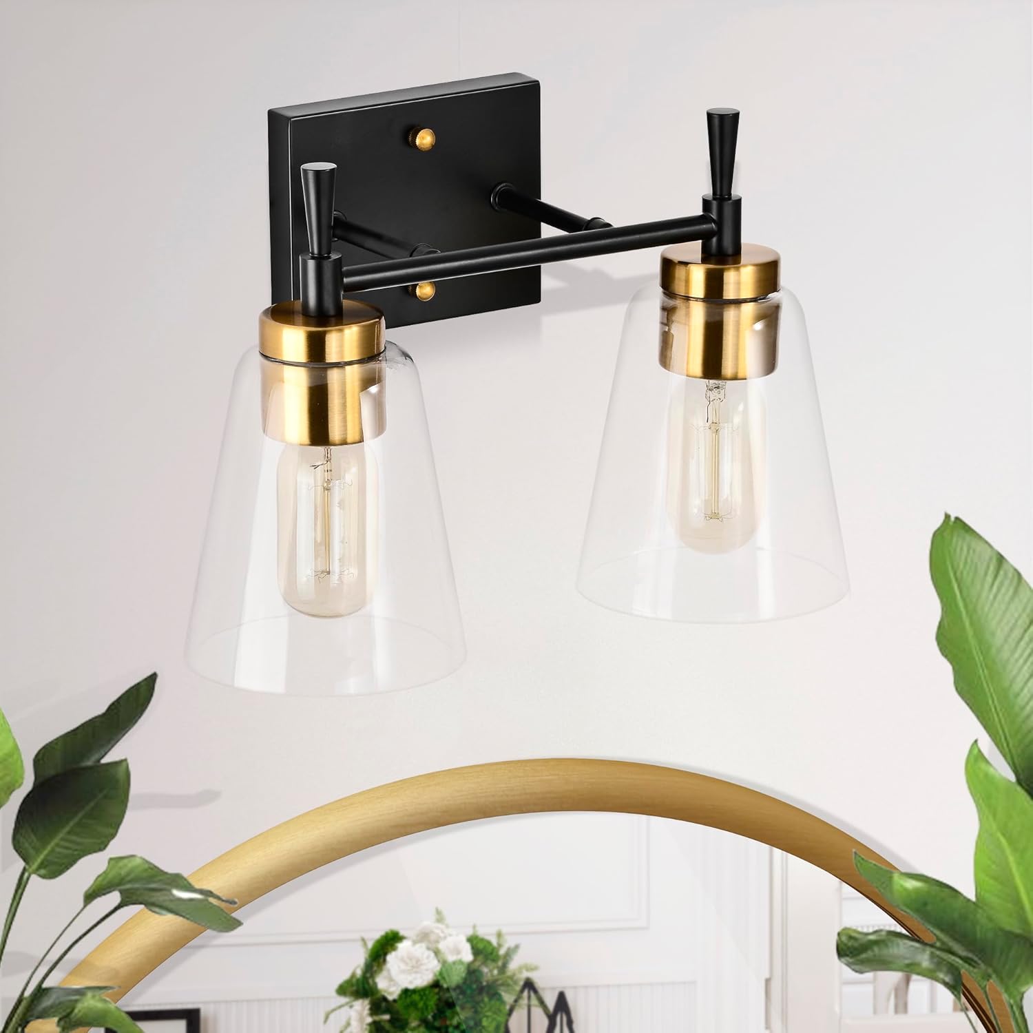 Edvivi 2-Light Bathroom Light Fixtures, Black and Antique Brass Vanity Light Over Mirror, Indoor Wall Sconce with Clear Cone Glass Shade, Wall Lamp for Bathroom Bedroom Kitchen Hallway