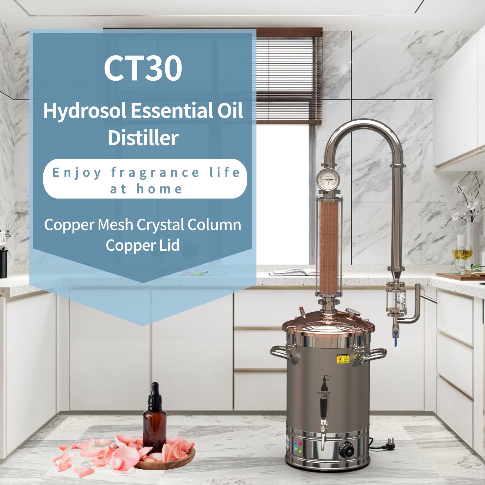 HOOLOO 6.3Gal 110V Home Crystal Column Tower Copper Cover Hydrosol Essential Oil Distiller Kit for Making and Extracting DIY Essential Oil from Herbs, Plants and Flowers