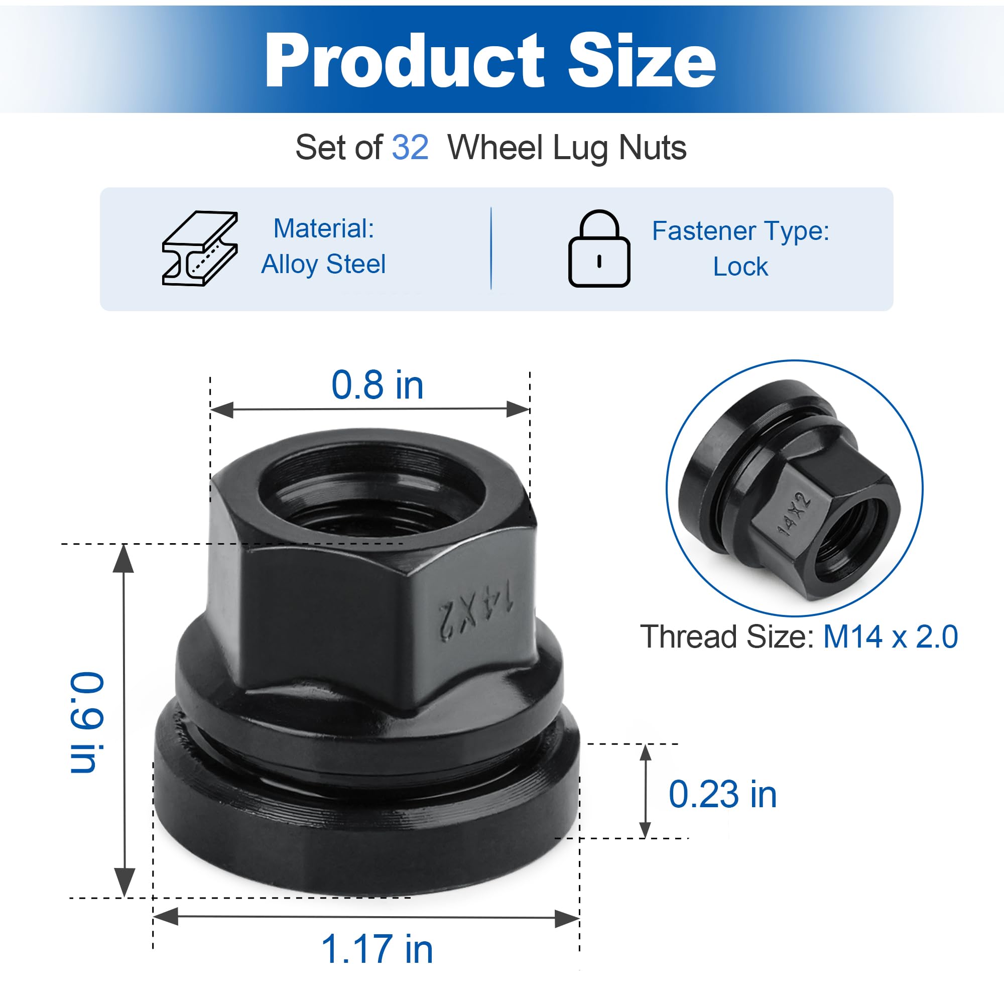 Set di 32 dadi di ricambio per ruote Ford F250 F350 1999-2002 M14x2.0 filettatura piatta rondella nera