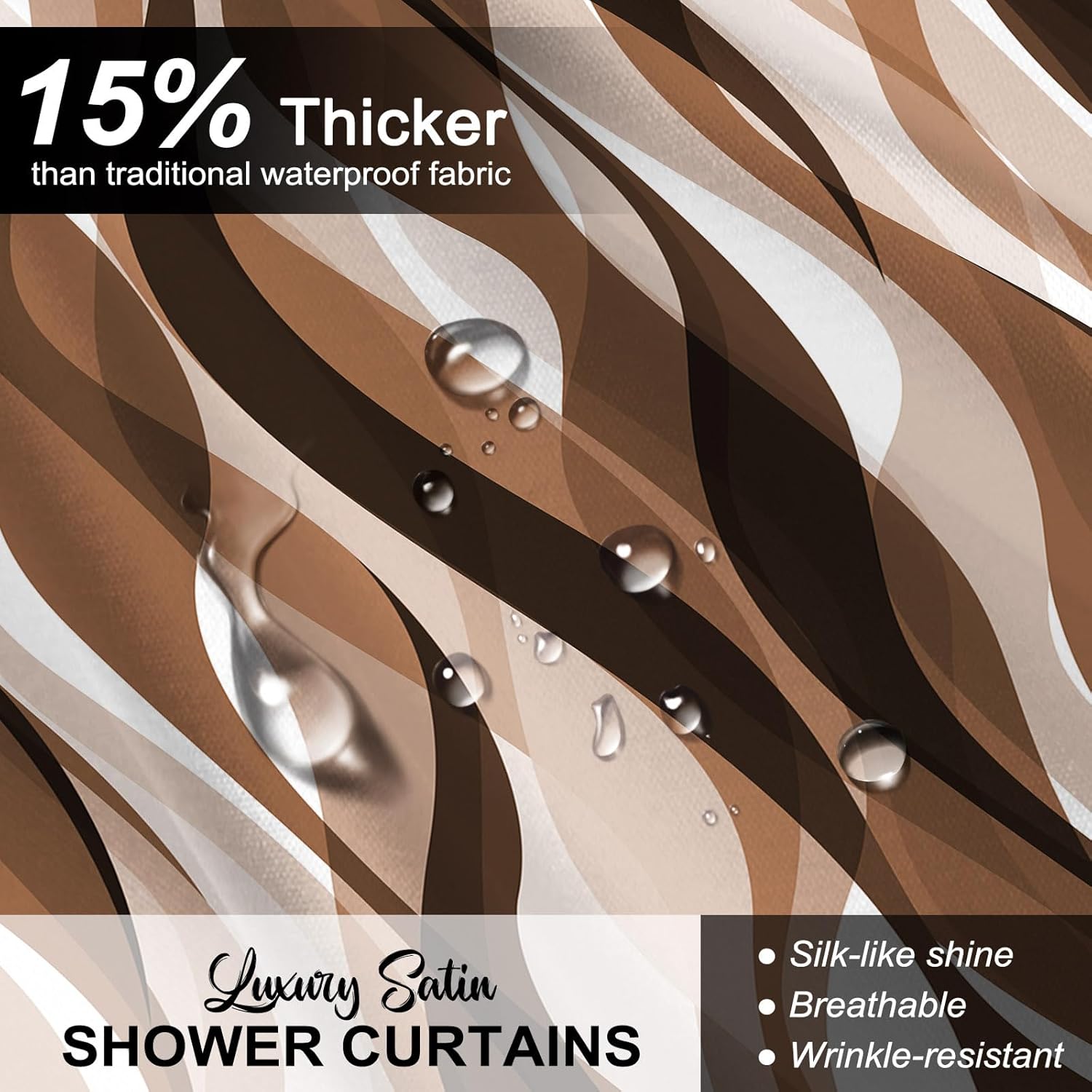 4PCS Brown Shower Curtain Set 72x72 Inch with Hooks, Modern Abstract Brown and Grey Striped Bathroom Decor, Waterproof Polyester Fabric