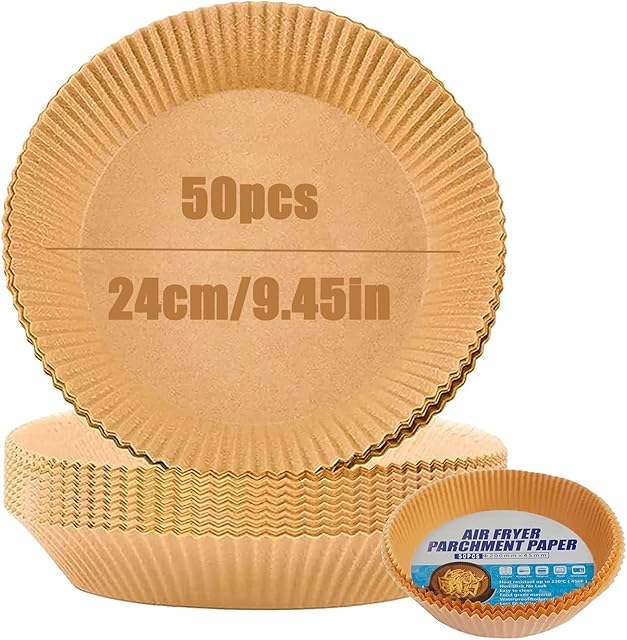 Ptsaying air Fryer Liners, Non-Stick Disposable Air Fryer Paper Liners, 9.45In air Fryer Parchment Paper for 4.2-8L Large Air Fryer, Baking Roasting Microwave Paper-Oil-Proof, Water-Proof (50PCS)