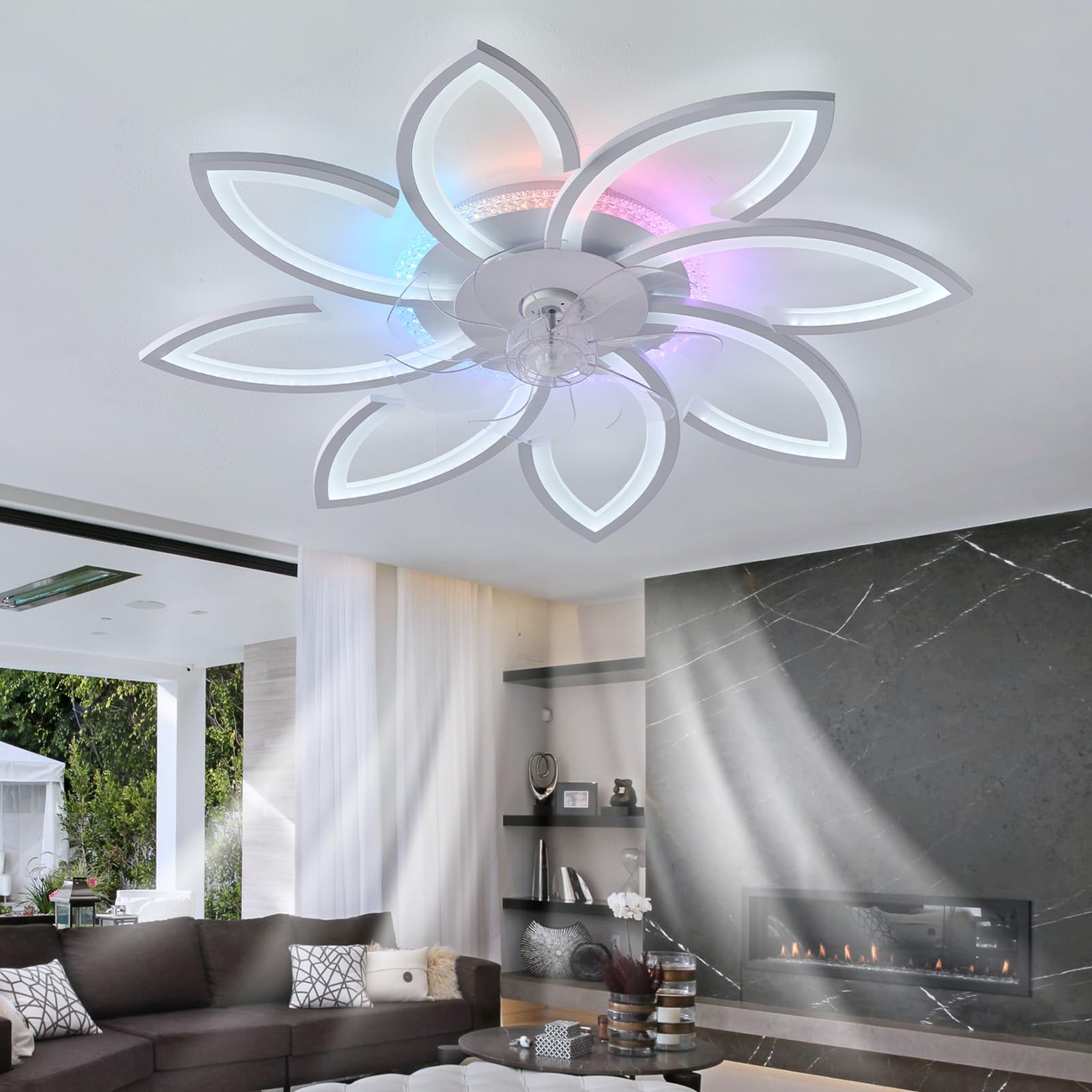 RGB Deckenlampe mit Ventilator und Fernbedienung Leise Reversibel Deckenventilator mit Beleuchtung Dimmbar 6 Gang DC Smart Deckenleuchte mit Ventilator Weiß 7 BläTter für Wohnzimmer-87cm