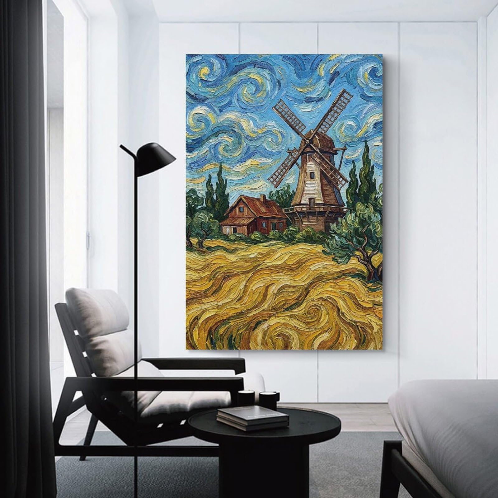 Junmoney Wall Picture Print Windmill And House in Field Painting, 16x24inch(40x60cm), for Workspace Walls, Study Corners Or Bedrooms, A Smart Decor Choice for Study Walls