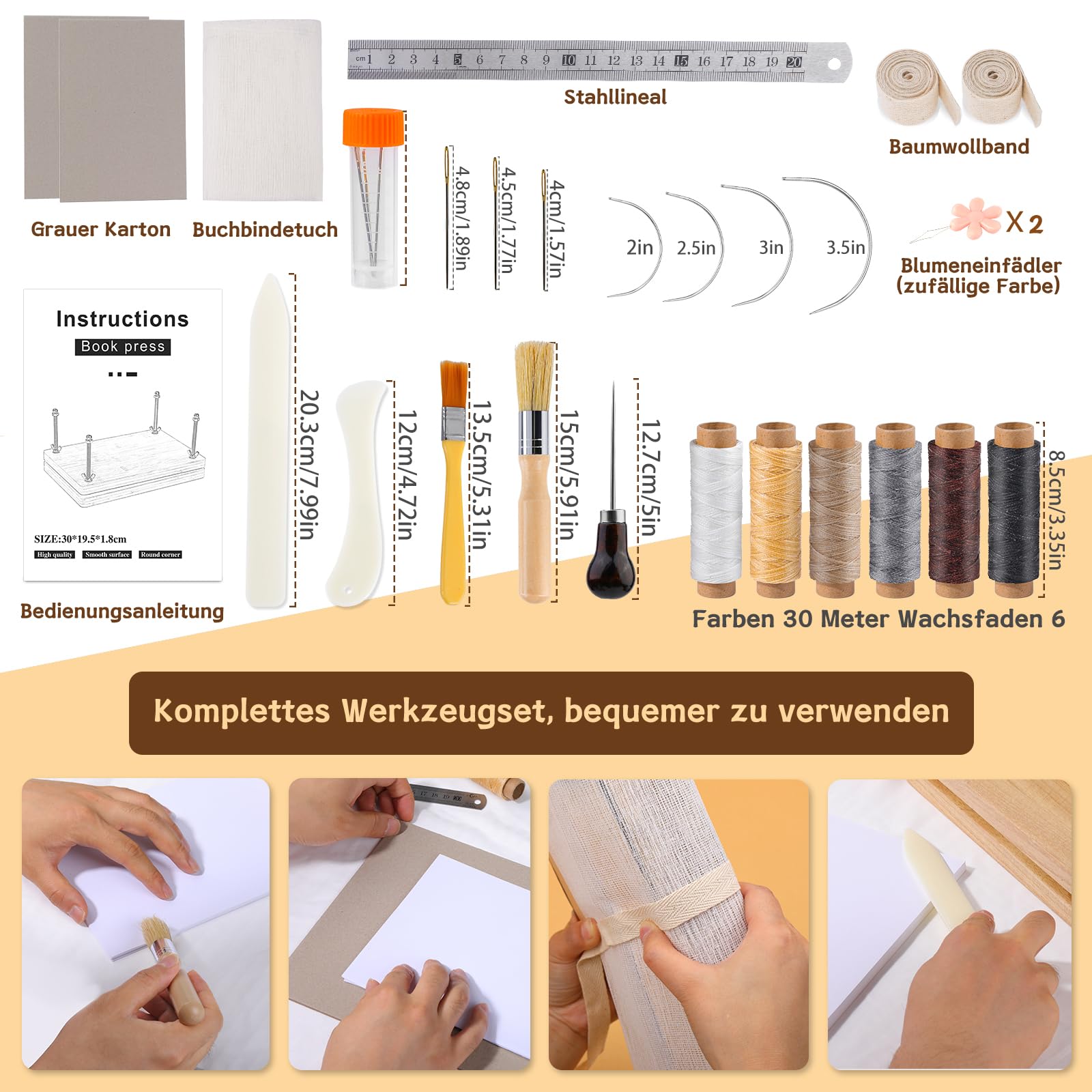 Wankon Kit de reliure pour livres, outils et matériaux de reliure avec presse en bois (30 x 19,2 cm), pliage et couverture de livre