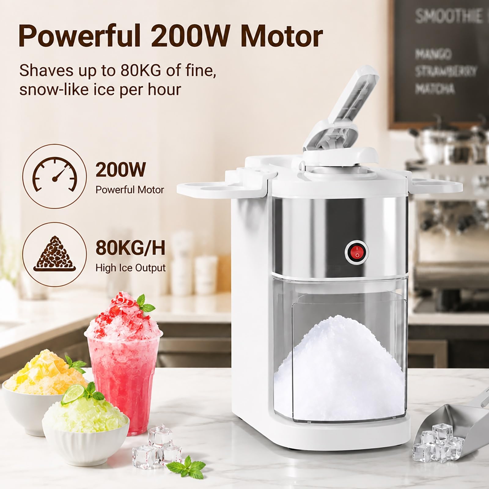 Tritaghiaccio Elettrico 200W, 80kg/h, 2,5l per Granite e Bevande ghiacciate | Doppia lama in acciaio inox, macchina per tritare granite, ingresso 7 cm, capacità 2,5 l, 80 kg/h, per preparare frullati