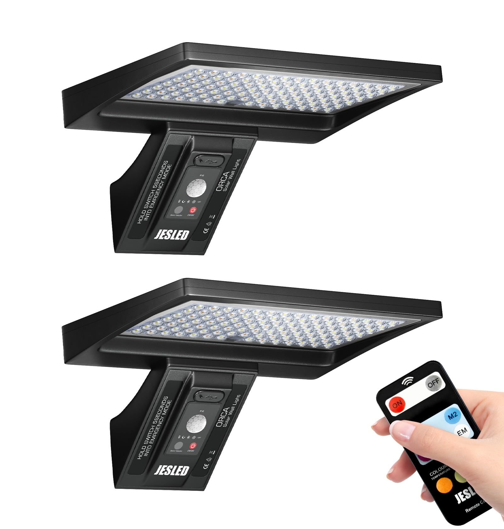 JESLED Luz Solar Exterior Jardin, 104LED Focos LED Exterior Solares con Control Remoto, IP65 Impermeable, 3 Color, 4 Modos Luz Solar Exterior con Sensor De Movimiento para Garaje Camino [2 Paquete]