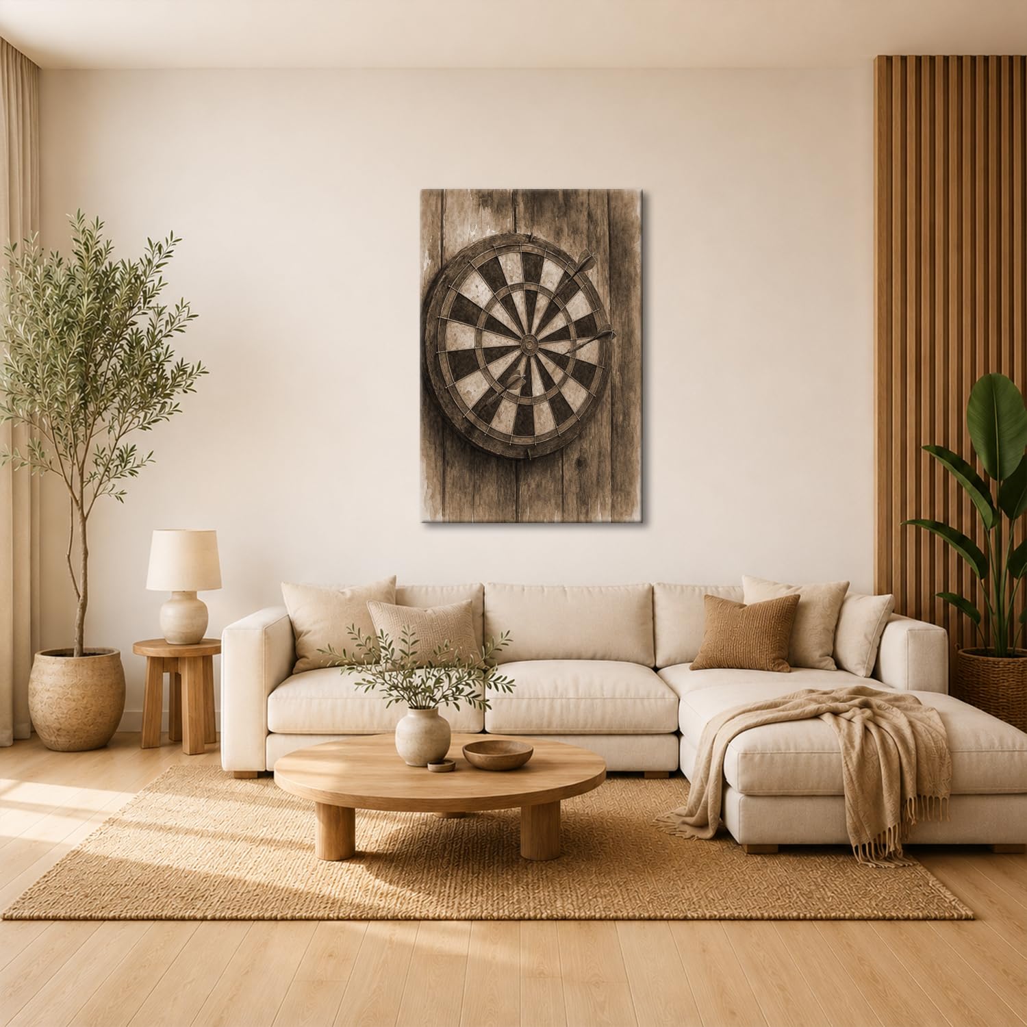 deyoli Obraz na płótnie tarcza do darta z trzema strzałkami na ścianie drewnianej 80 x 60 cm Sepia