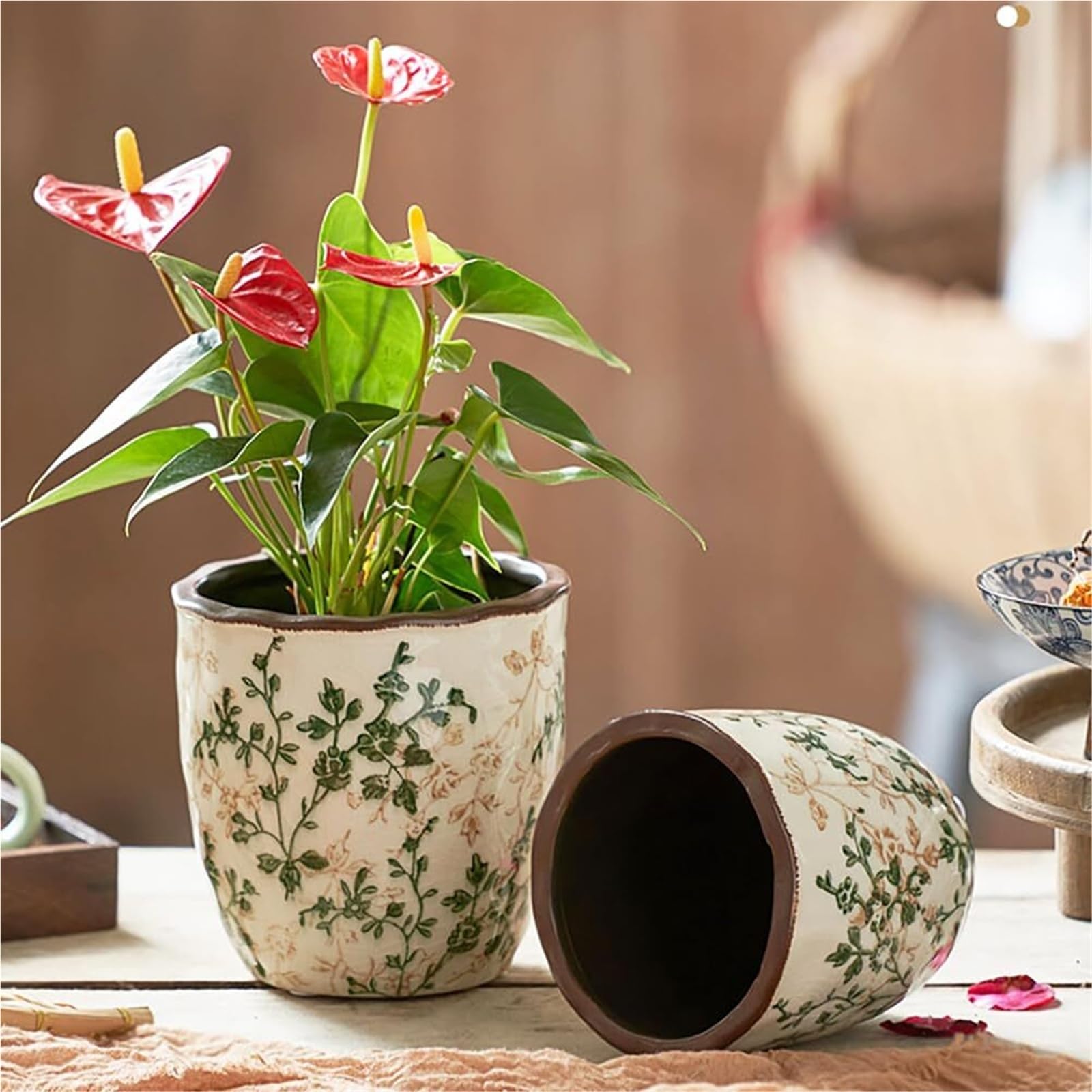 Doniczki na rośliny w stylu vintage, ceramiczne donice do roślin pokojowych i sukulentów, popękane, glazurowane, zielone wiosna dekoracja (M)