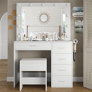 Comprar Tocador con iluminación, tocador con Espejo, 94 cm, 11 Luces LED, 3 Modos de iluminación, 5 cajones, Mesa cosmética con Silla para Dormitorio, vestidor, Estudio, Blanco