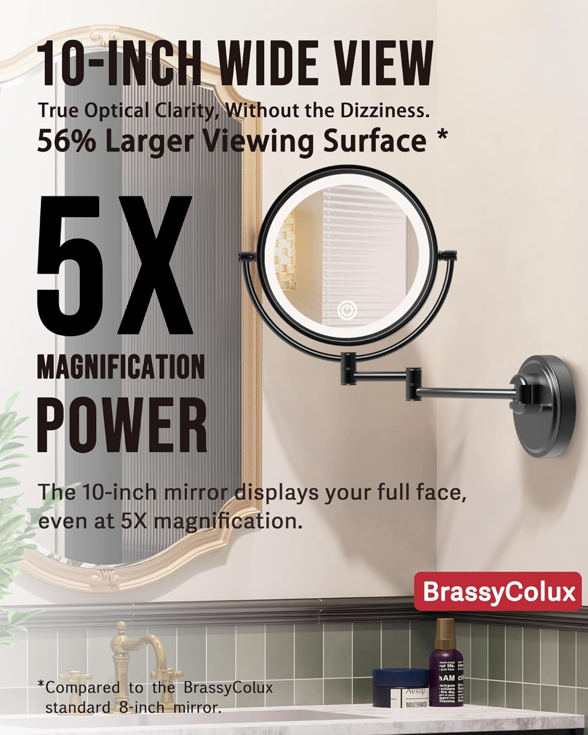 10" Large Wall Mounted Makeup Mirror with Lights and Magnification, 1X/5X Double-Sided 3 Color 5000mAh Rechargeable Touch Dimmable Extended Swing Arm 360 Rotation for Bathroom, Matt Black